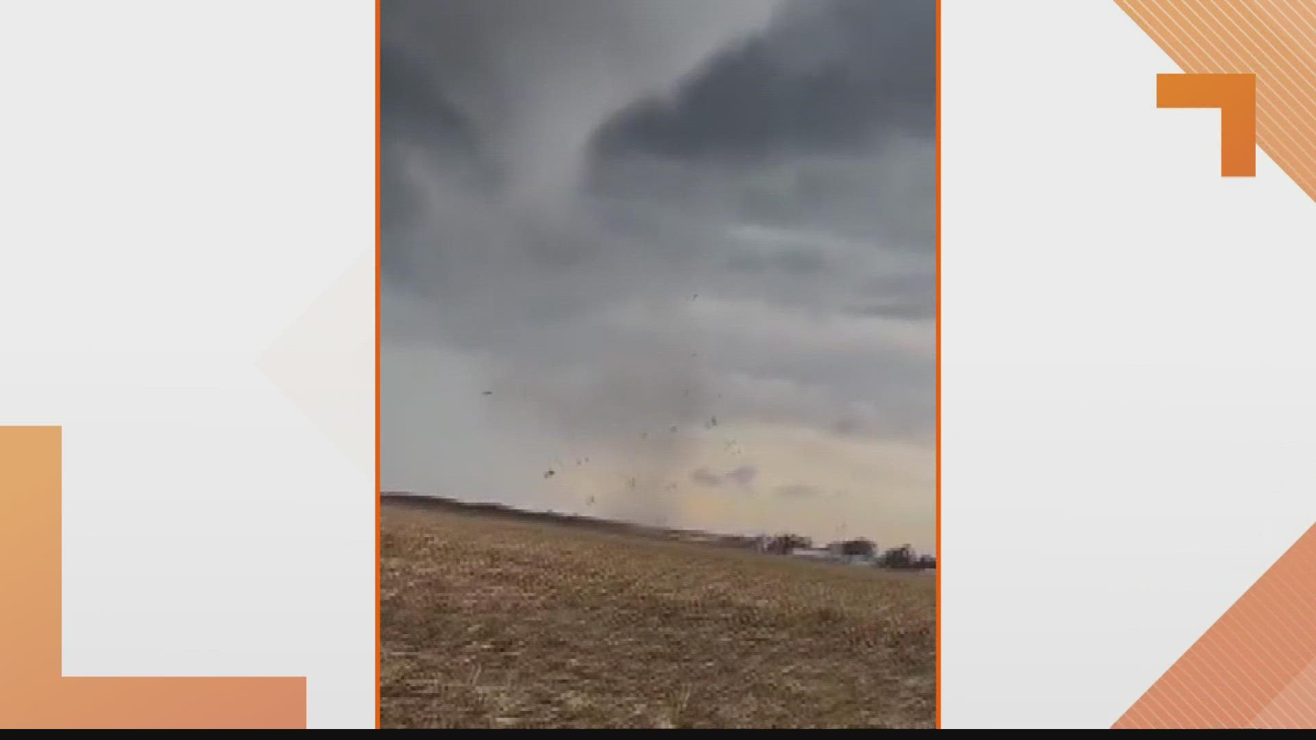 The National Weather Service said a tornado touched down near Athensville at 2:45 p.m.