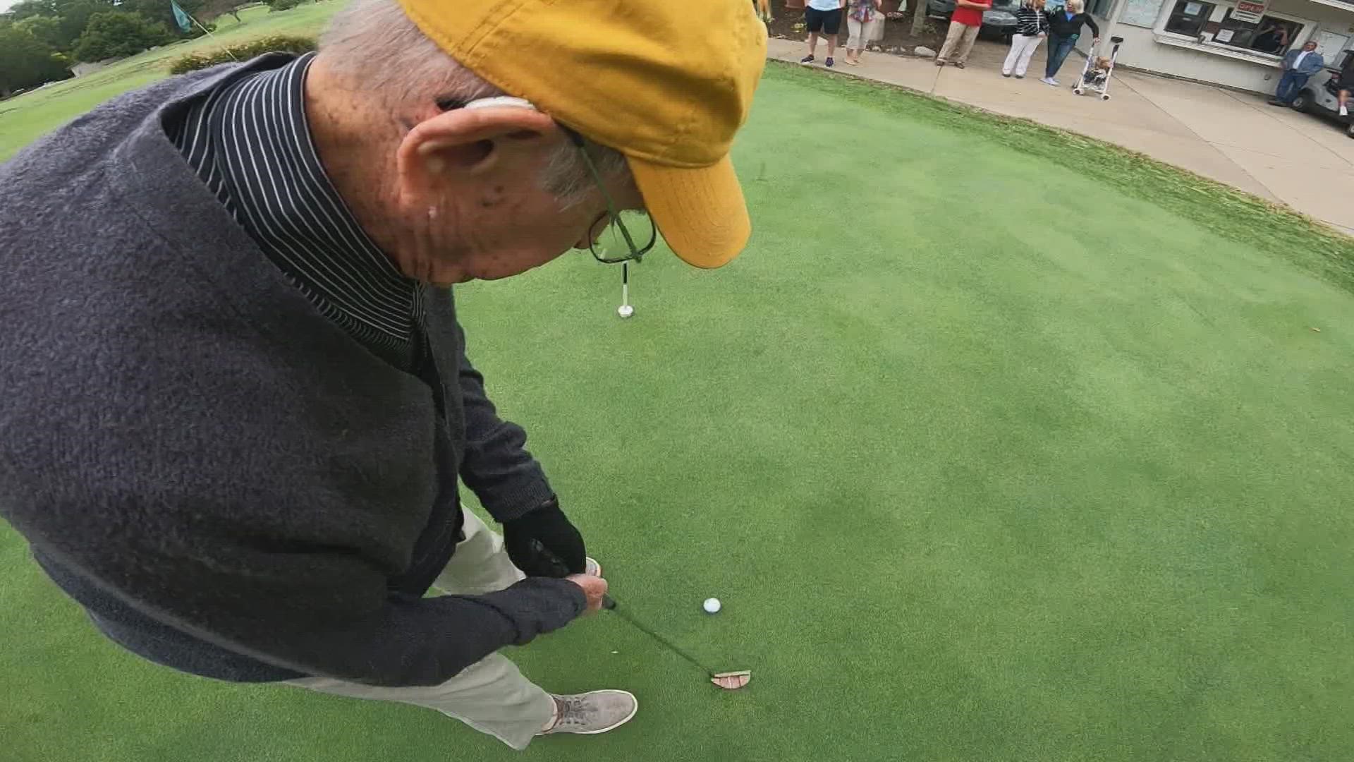 Tony Gibbons served in World War II. His first chance to play golf was in the service. Now, he takes it easy, but at 102 he is still active on the golf course.