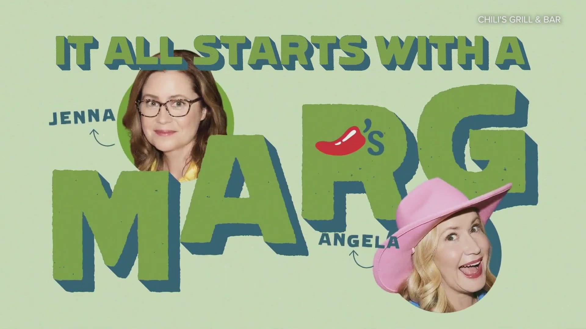 "The Office" co-stars Jenna Fischer and Angela Kinsey are raising a glass in Chili's Grill & Bar's "It All Starts with a Marg" campaign.