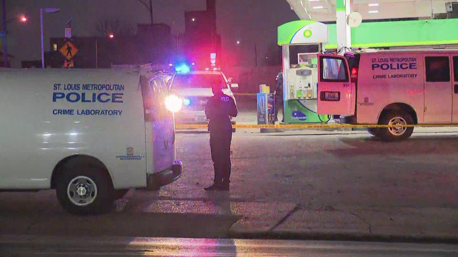 A male victim was shot in the head Monday at the BP gas station located at South 14th Street and Chouteau Avenue in St. Louis.