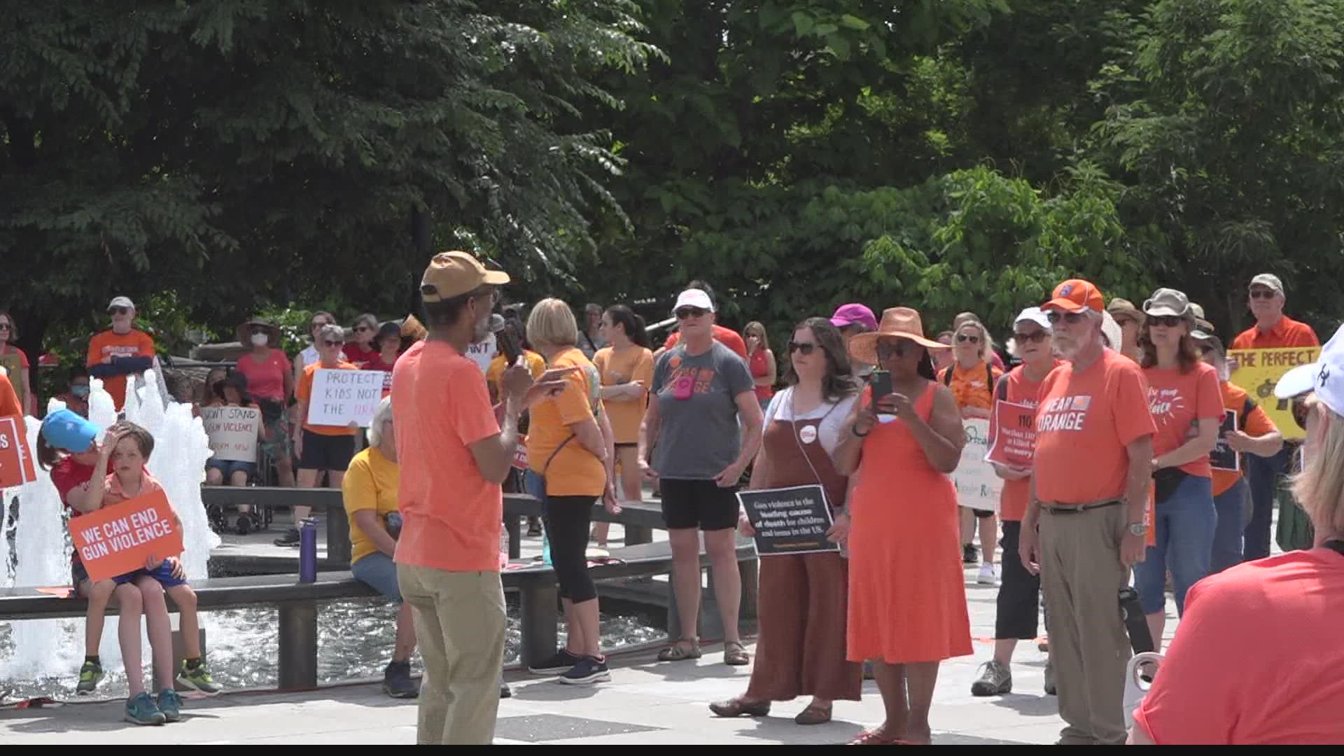 Moms Demand Action and Students Demand Action volunteers, gun violence survivors and more were at Saturday's rally. They're calling for an end to the violence.