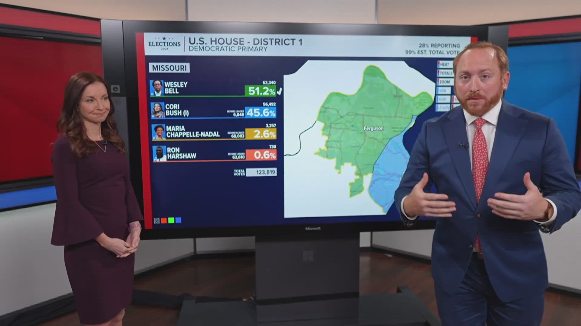 Maps show the trends of Republican and Democratic votes in the Missouri primary so far. MO-1 was a big result of the night. Bell is projected to win.