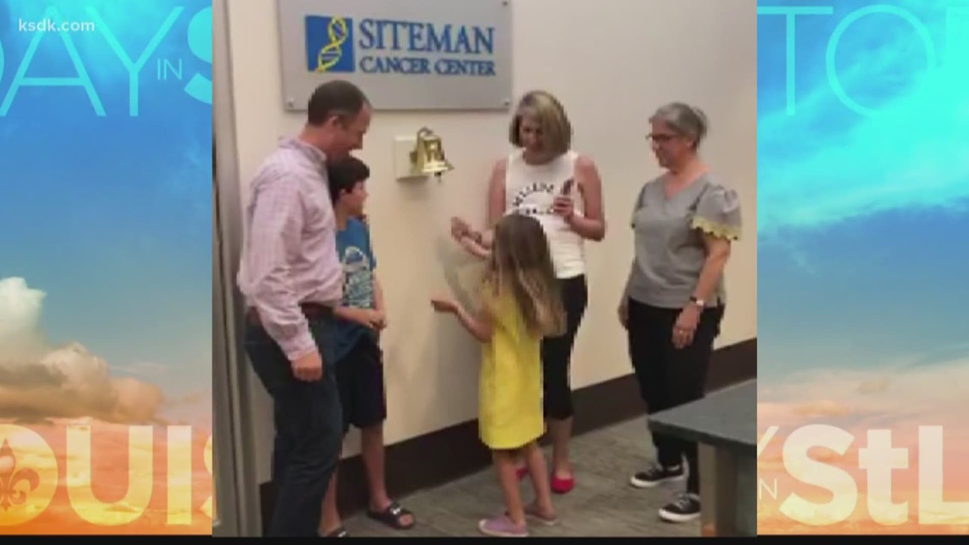 Y98's Jen Myers rang the bell at Siteman Cancer Center to celebrate the end of her cancer treatment... and being the big Blues fan she is, she played Gloria while she did it.