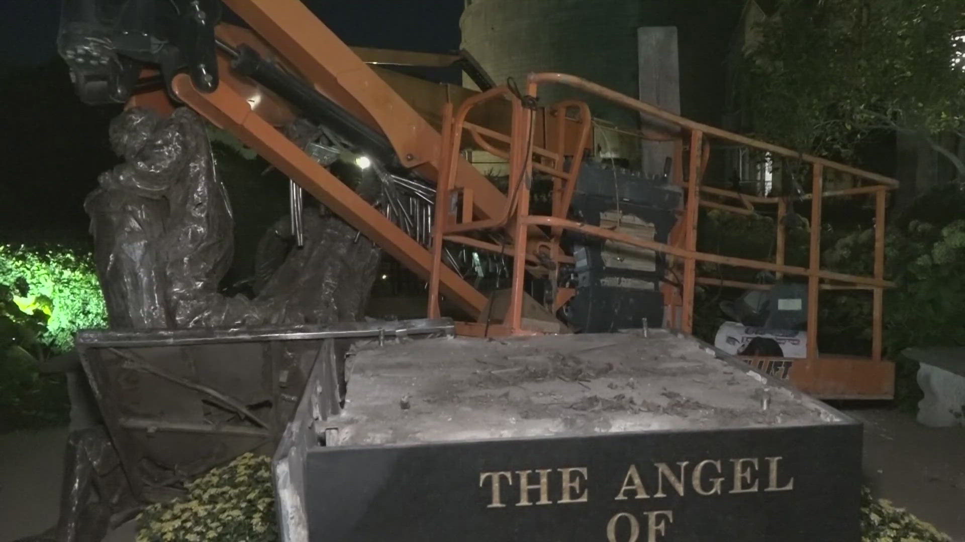 According to a post from St. Louis police, the Angel of Harmony statue was knocked off its base by a boom lift. A 35-year-old man was taken into custody.