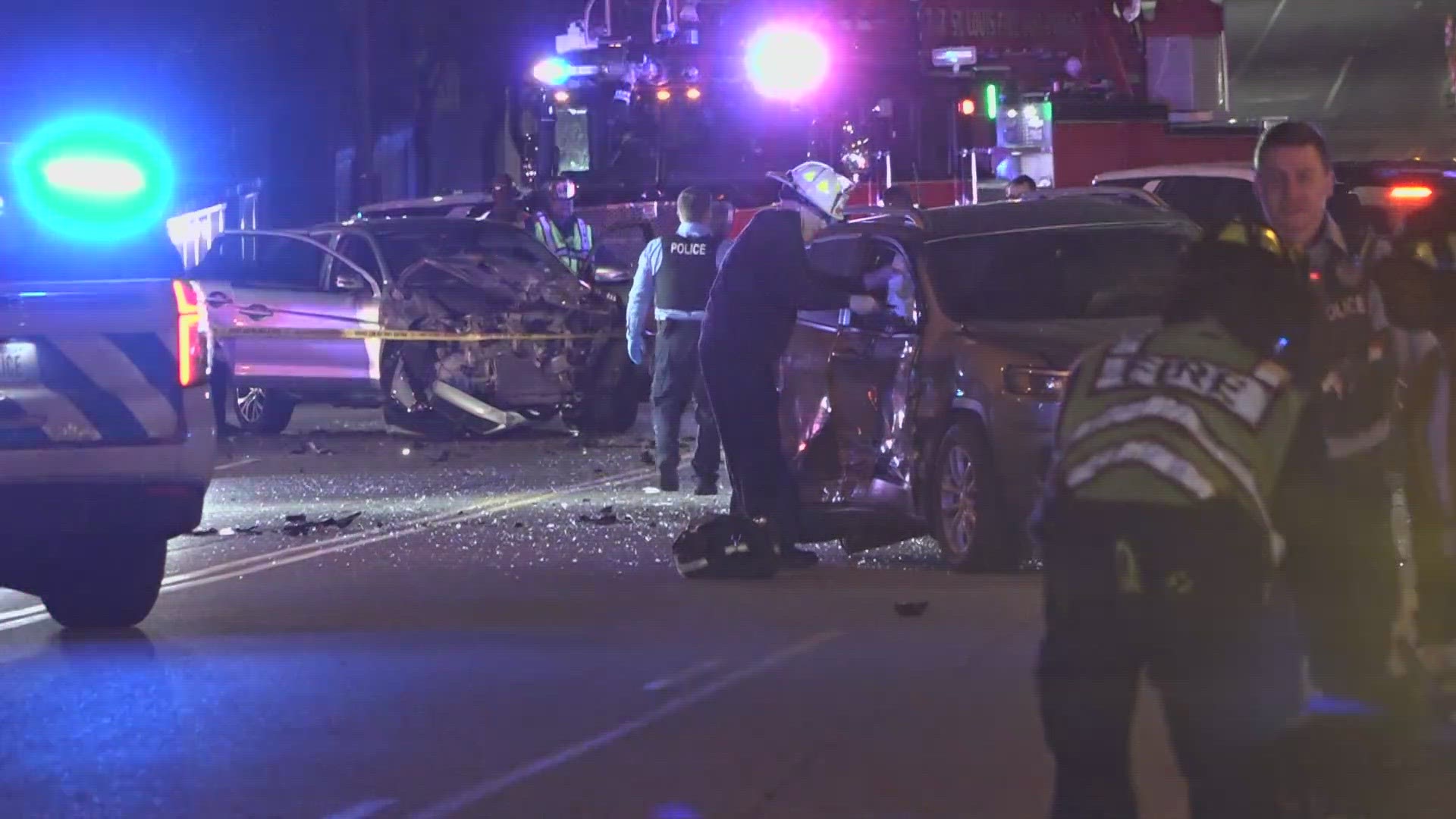 A multi-car crash left at least two people dead early Wednesday near downtown St. Louis. It happened just blocks away from the Enterprise Center.