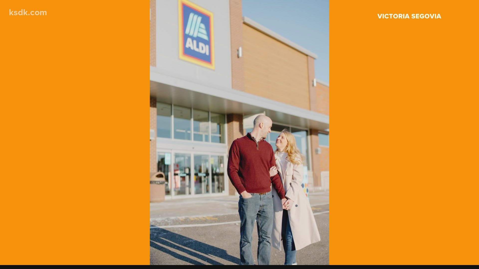 Shannon and Dan got their photos taken at the grocery store. They said they bonded over their shared love of Aldi.