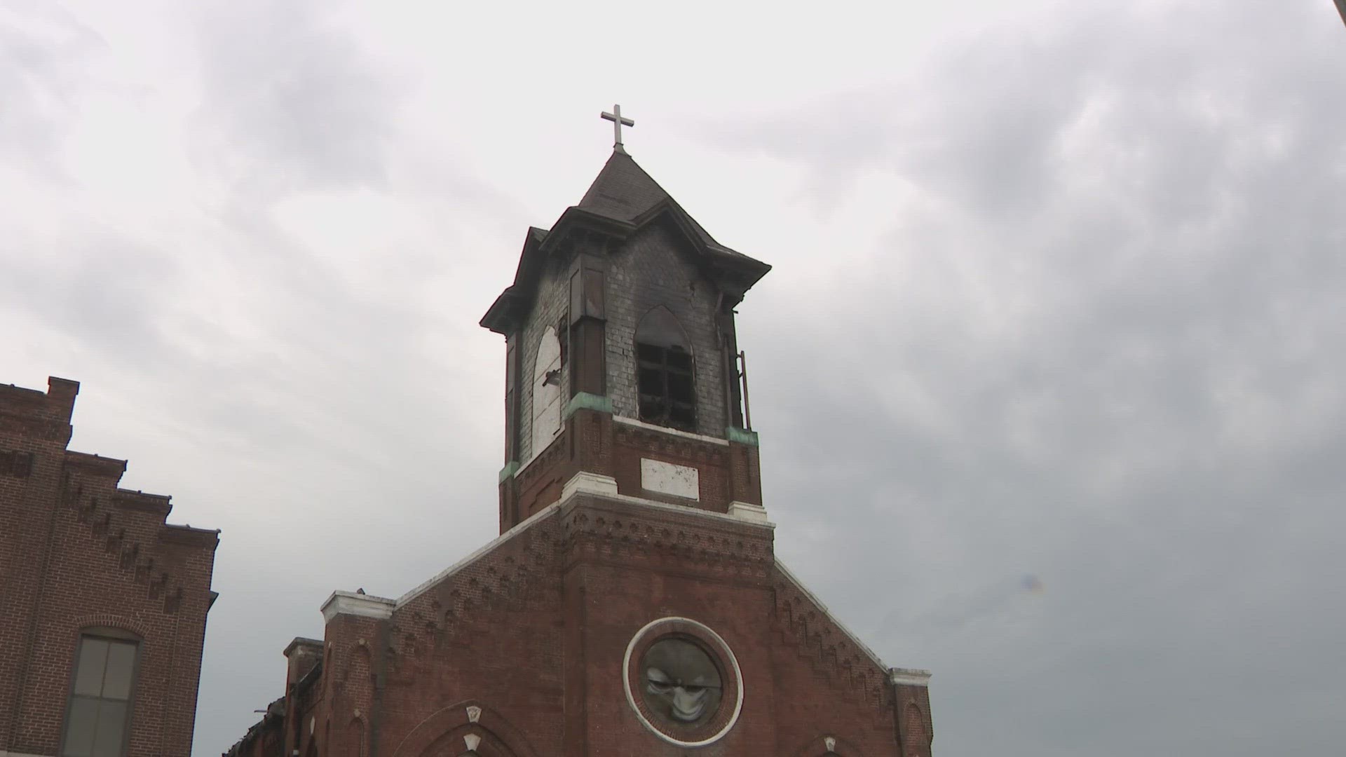 The fire chief said flames broke out at what used to be the House of God Church. The church is now being used as a creative arts center.