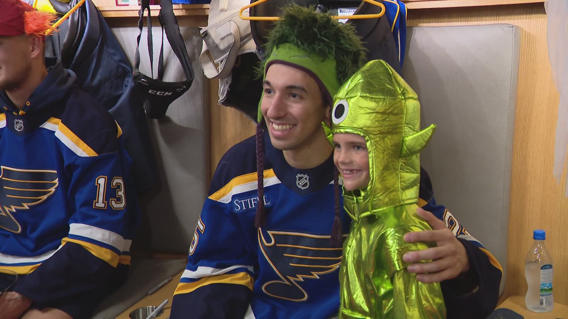 The Blues welcomed kids from the Children's Hospital into the locker room for some trick-or-treating. Players handed out candy and autographs.