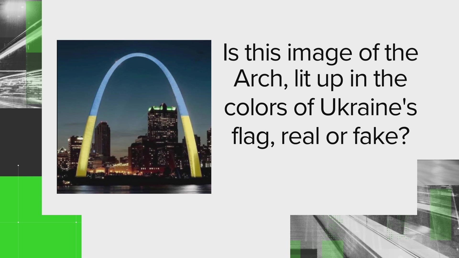 The Gateway Arch has not been lit up in the colors of Ukraine’s flag, and the shared photo is a colorized version of a stock image.