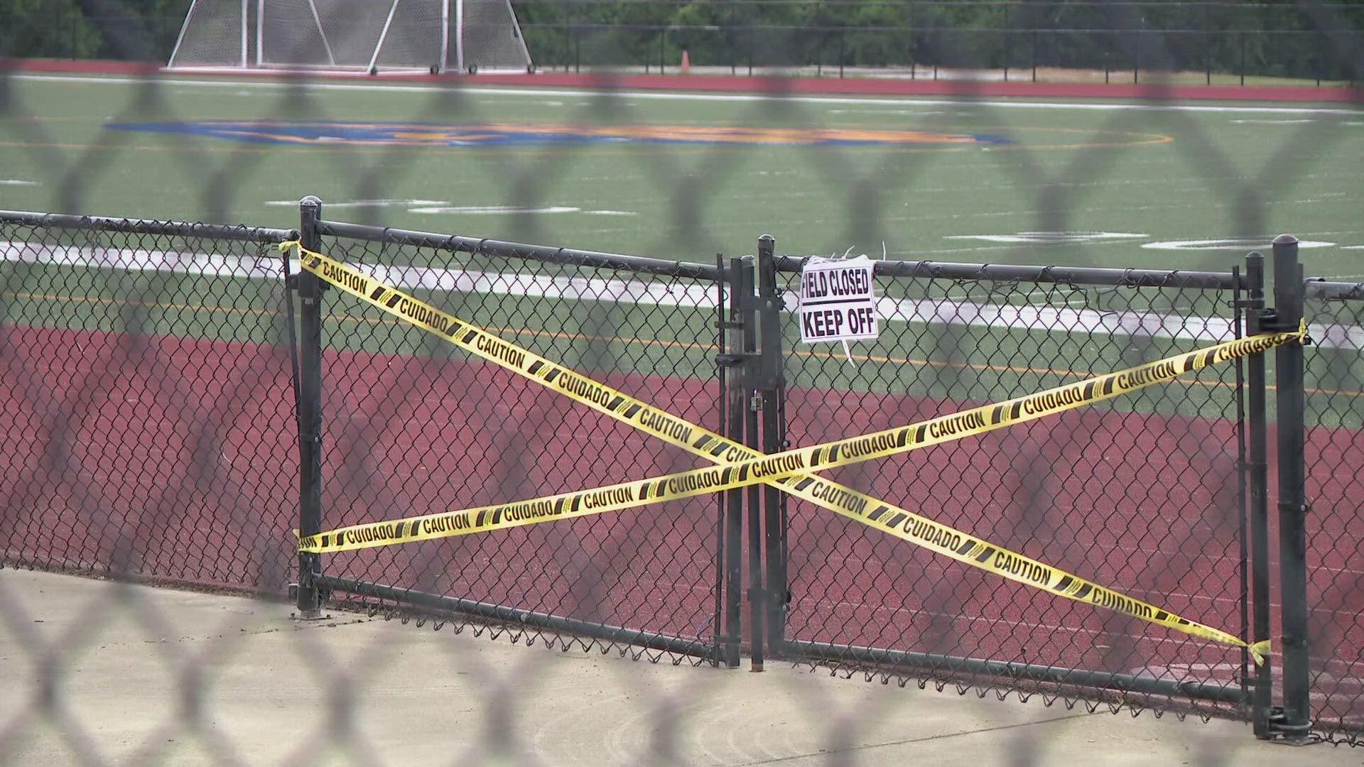 Two high school football stadiums are closed after being damaged by heavy rainfall earlier this month.