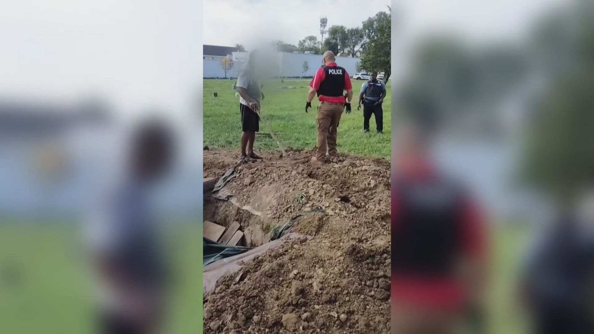 Two 73-year-old men have been charged. Police said they spent days trying to dig up a grave at Washington Park Cemetery.