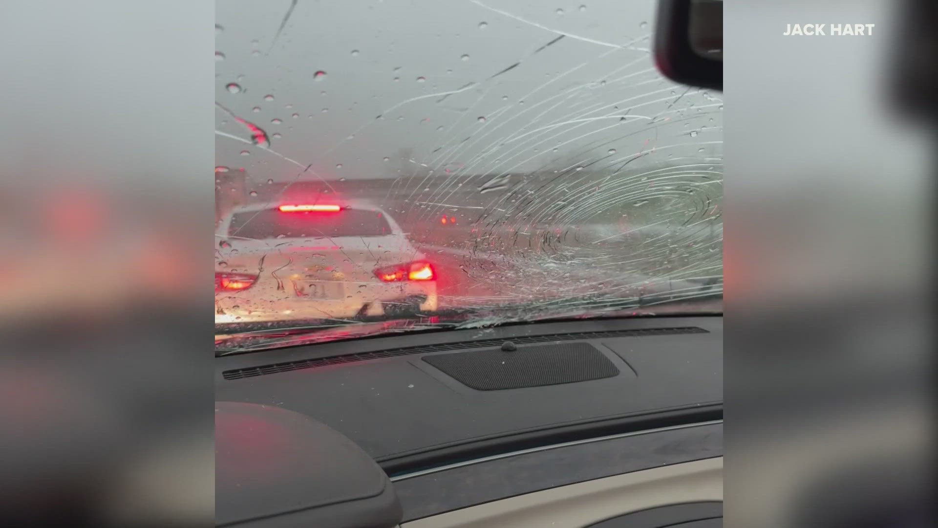 A hail storm damaged cars along Interstate 55 in Illinois Thursday. Fifty to 100 cars were damaged by the large hail.