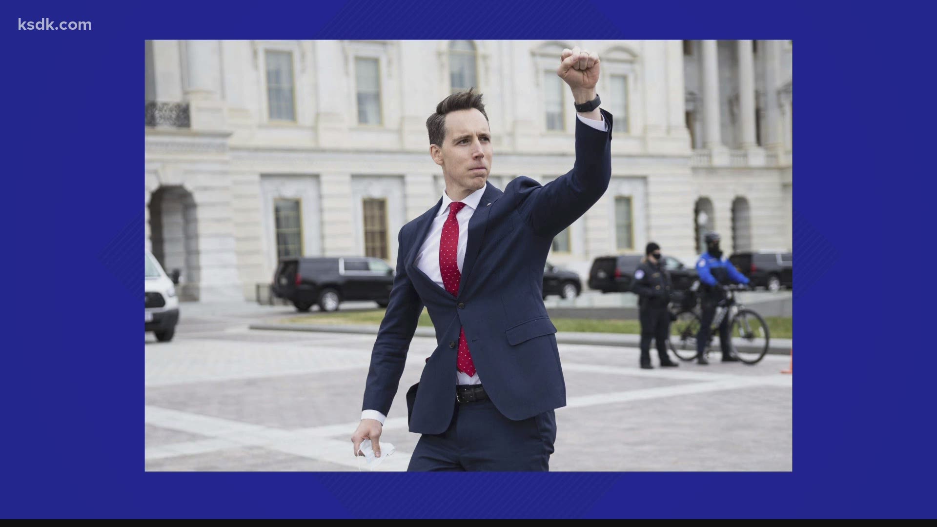 A photo of Hawley was spread widely throughout the day Wednesday, showing him raising a fist in support of the crowd assembled outside the Capitol.