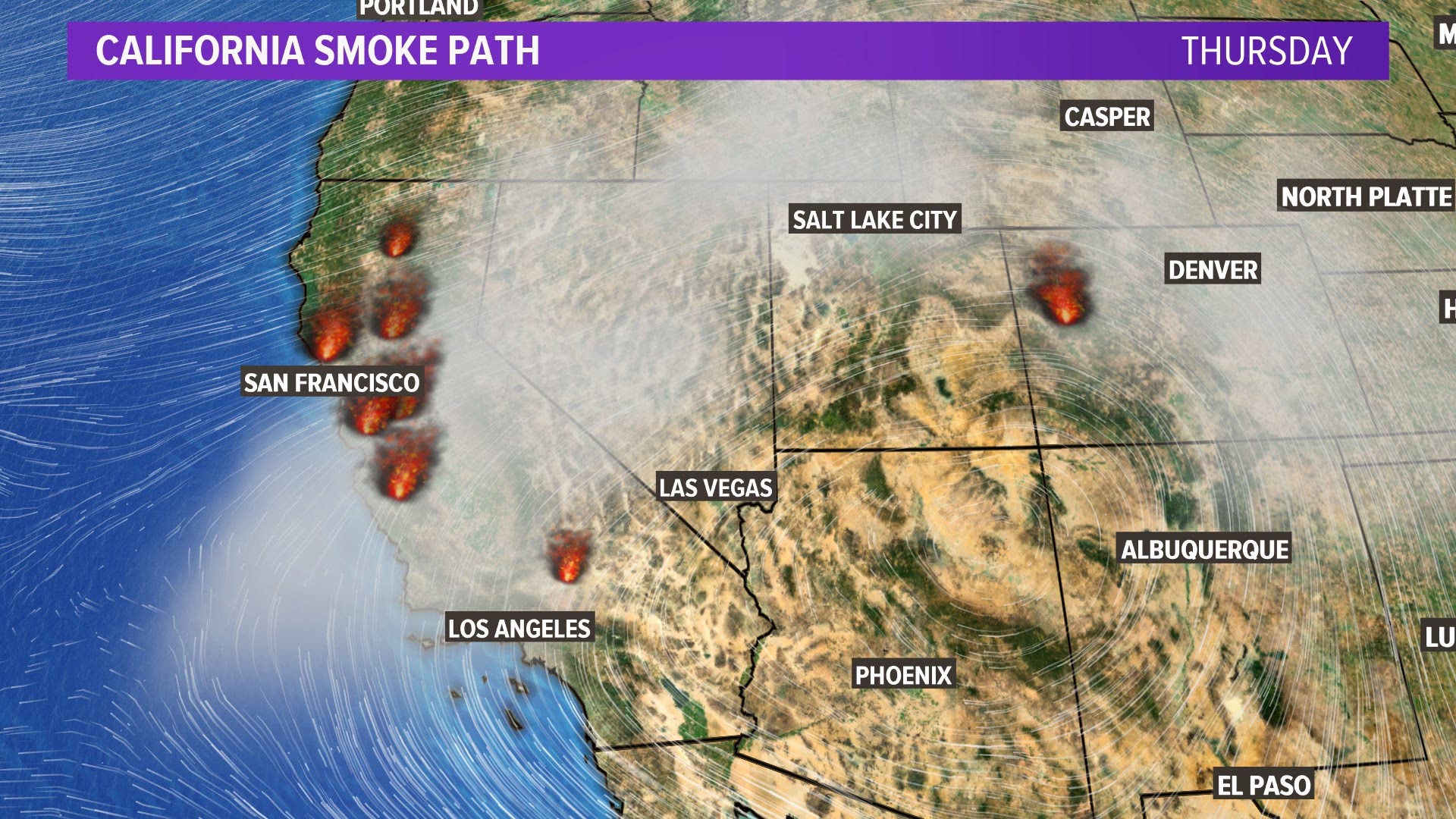 Wildfire smoke spreading east from California