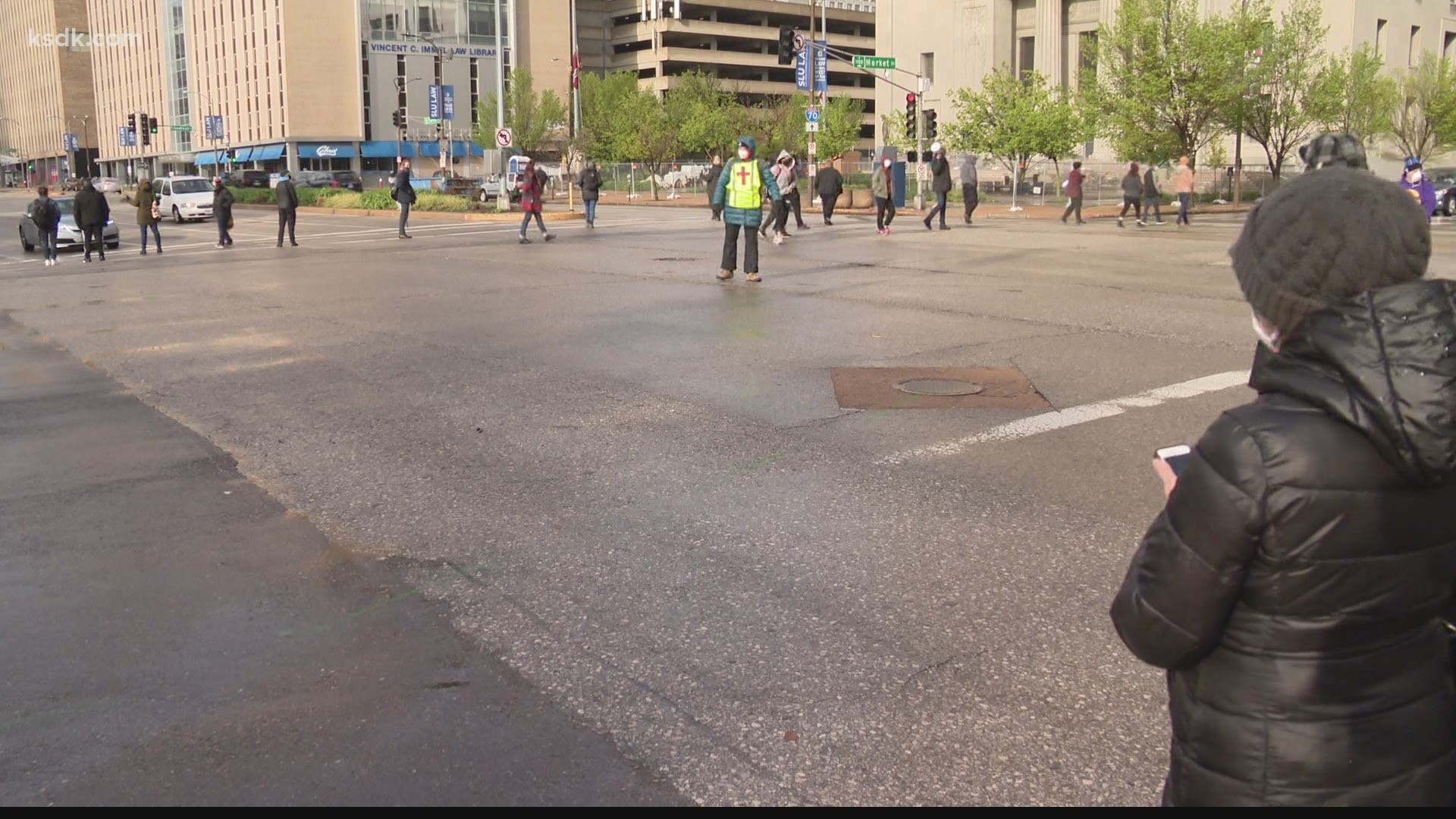 A group of people demonstrated peacefully in downtown St. Louis Tuesday evening