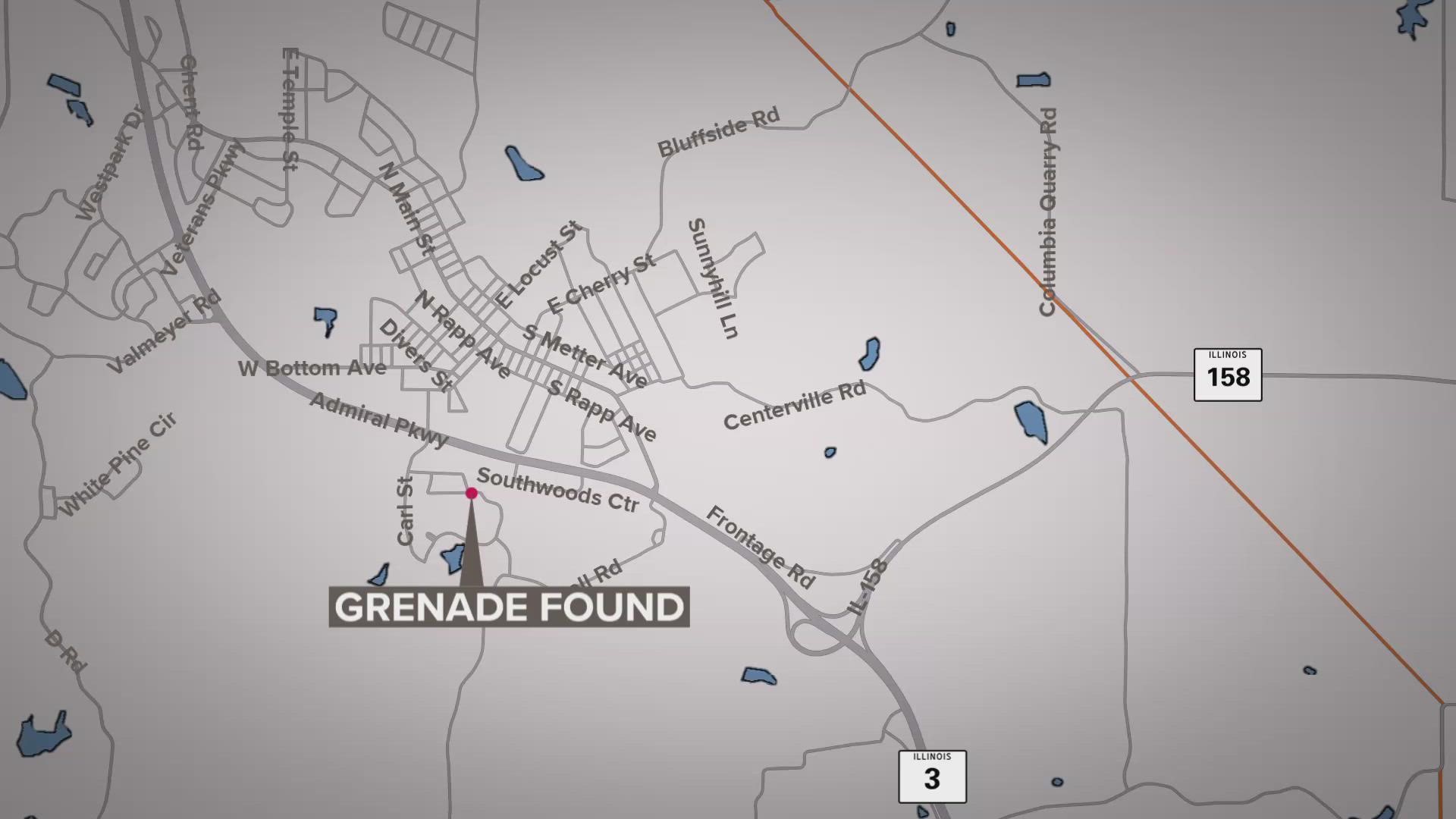 A grenade was found shortly after 1 p.m. Monday in the 400 block of Burroughs Road in Columbia. There were no explosives found inside the device.