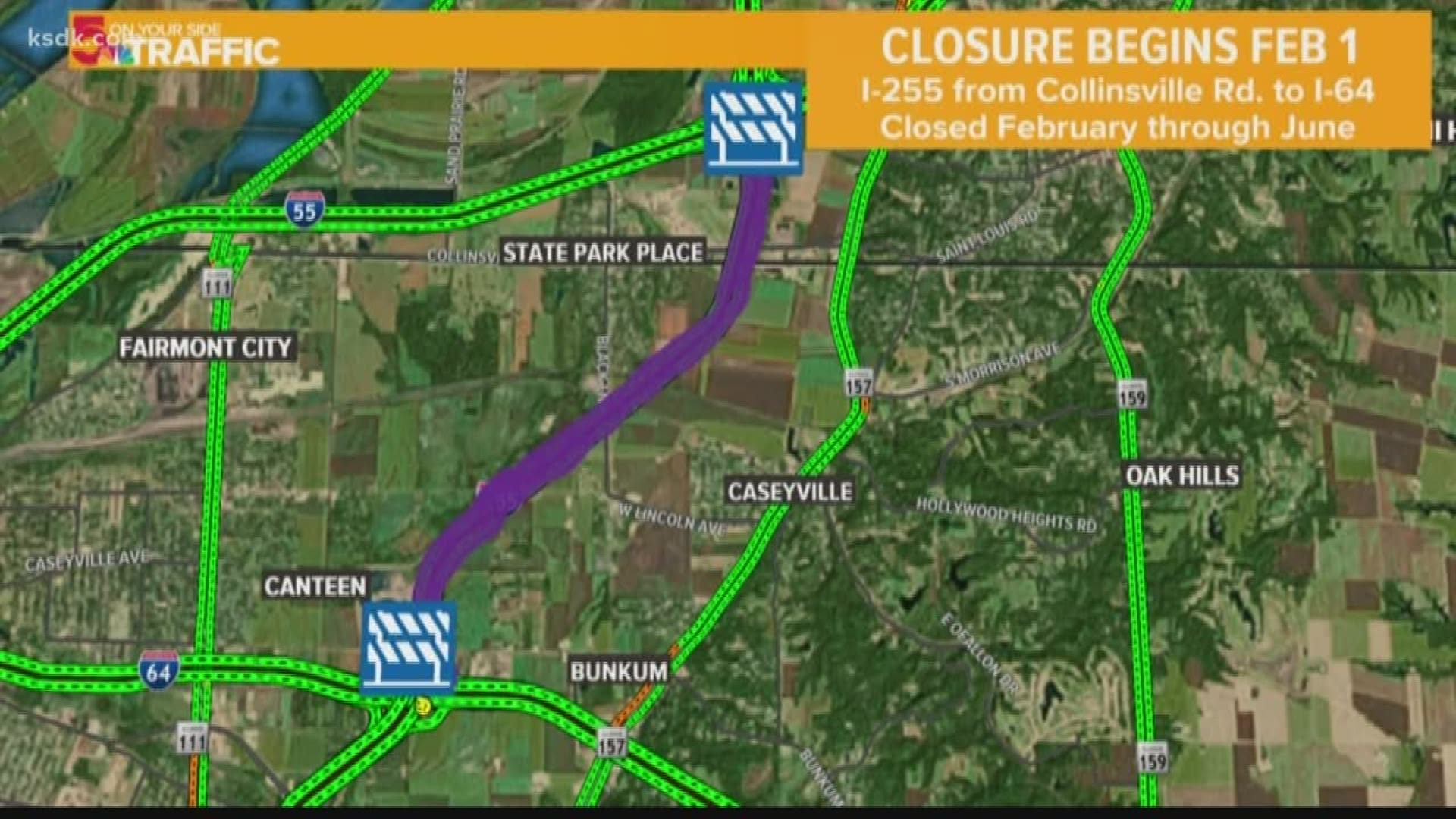 The interstate will be closed between Collinsville Road and Interstate 64 for several months of construction
