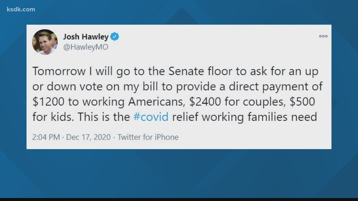 Senator Hawley says he'll force a vote on 00 stimulus checks