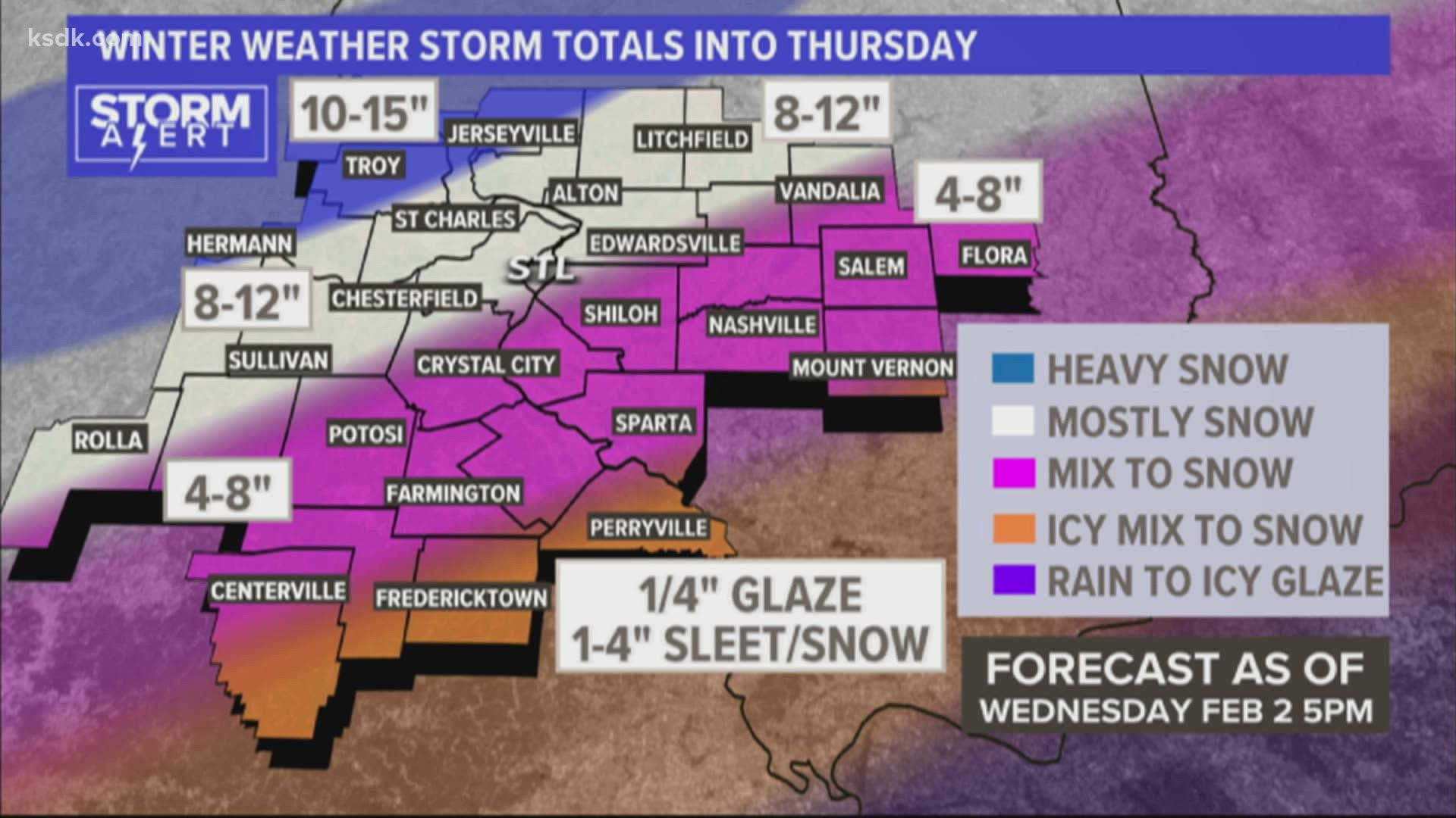 Wednesday afternoon update St. Louis winter storm snow totals