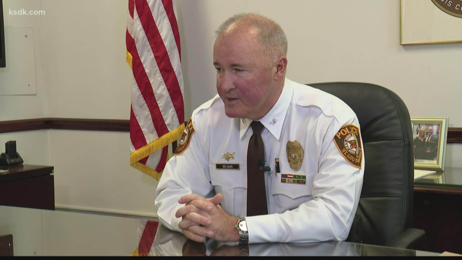 Chief Jon Belmar gave his first interviews Tuesday after a $20 million lawsuit against the St. Louis County Police Department.