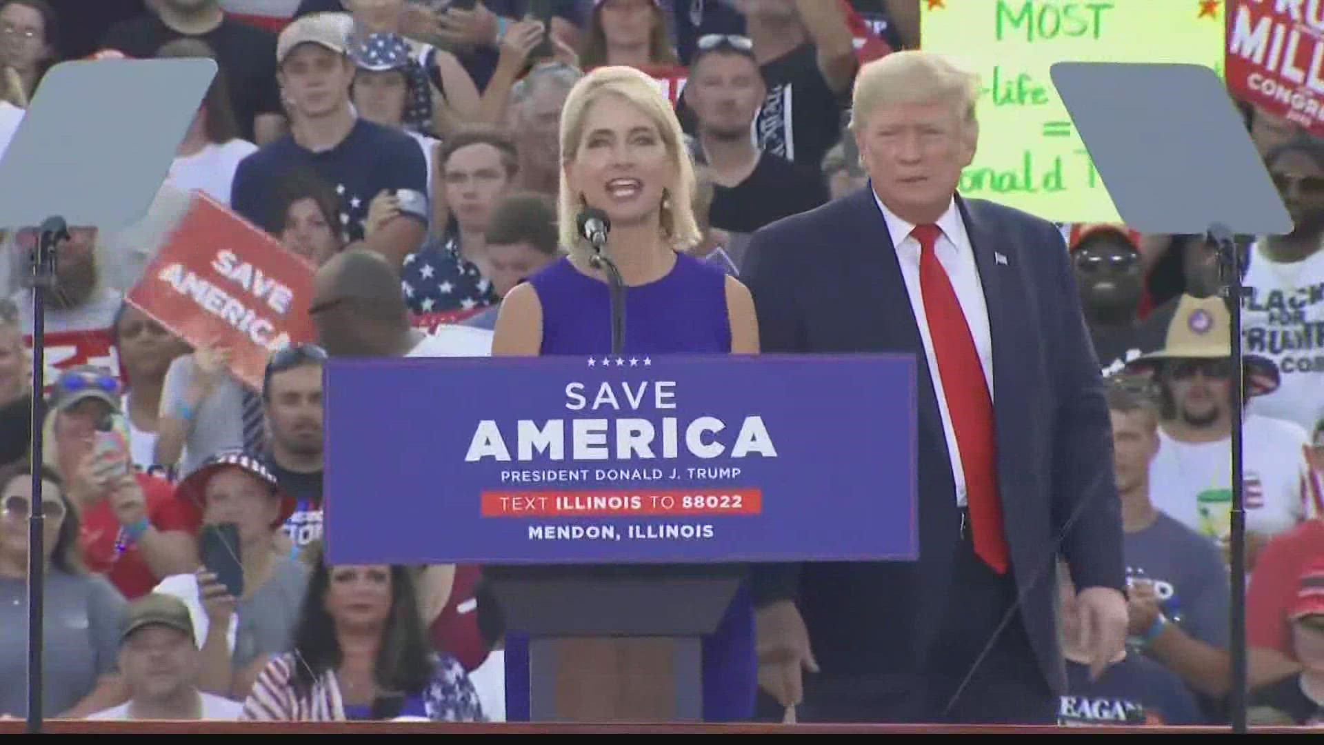 Trump was in Mendon, Illinois, to rally support for Rep. Mary Miller in her primary against Rep. Rodney Davis in a redrawn district in southern Illinois.