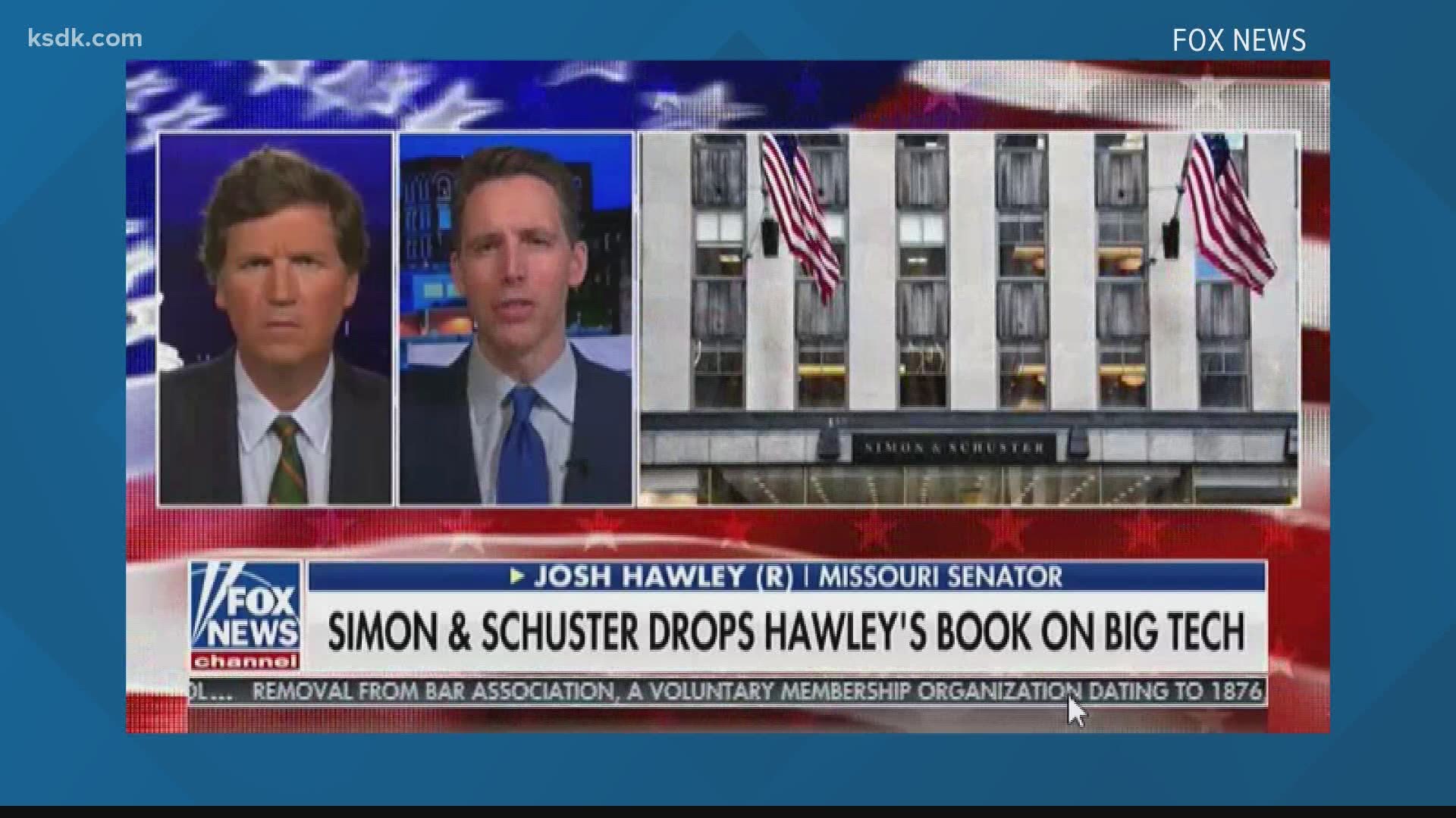 In a short interview with Fox News' Tucker Carlson, Hawley claimed the First Amendment was under attack, citing his lost book deal