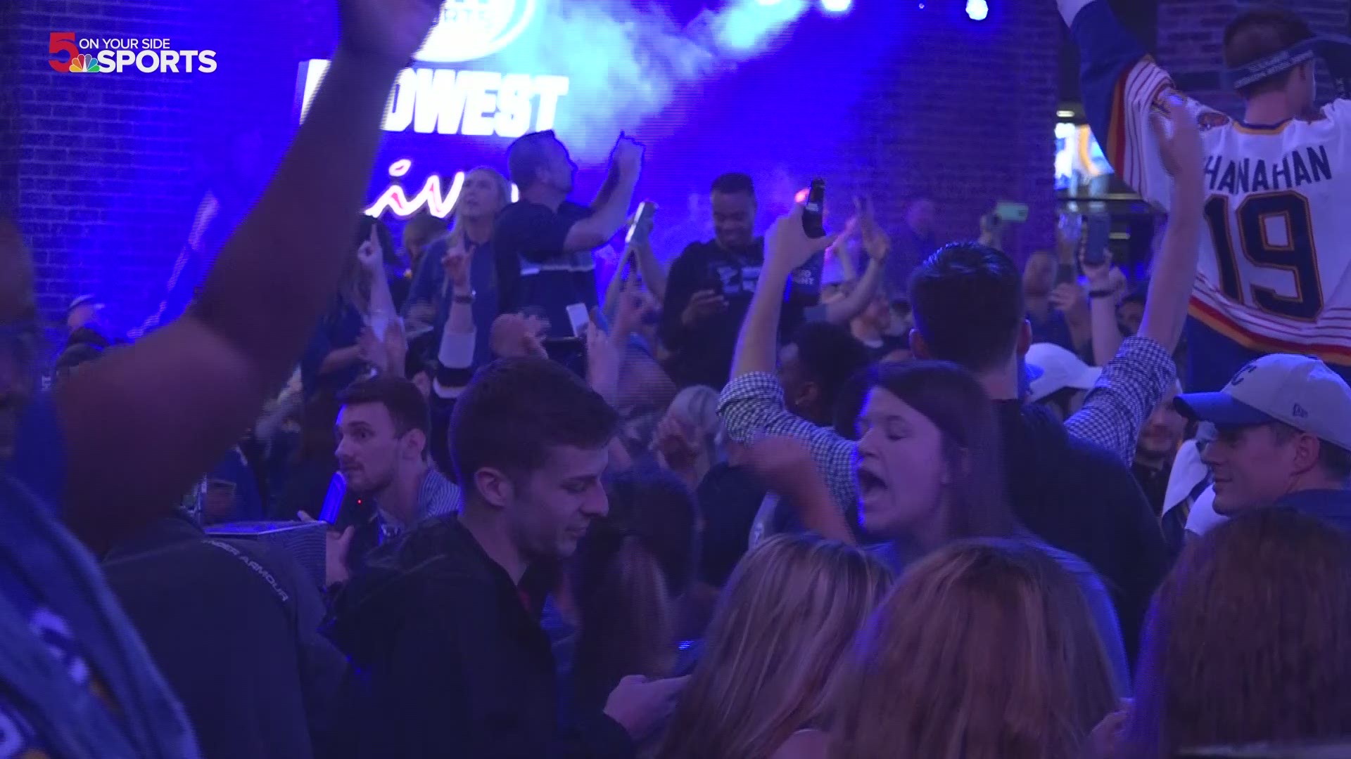 Ballpark Village in downtown St. Louis was packed Tuesday night for Game 6 of the Blues-Sharks playoff series. The venue went crazy when the Blues won, and--of course--everyone sang the Blues' anthem 'Gloria' when the Note won.