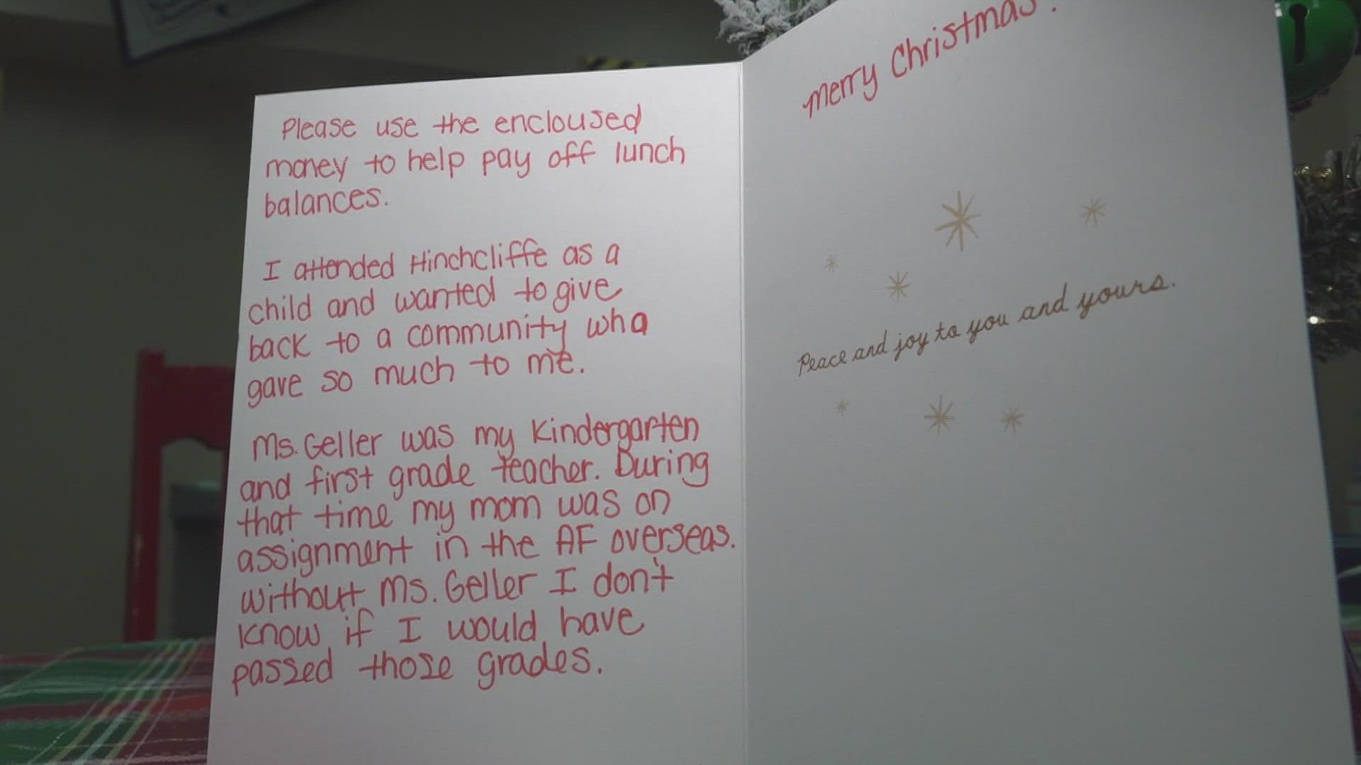 A woman dropped off a holiday card at Hinchcliffe Elementary School in O'Fallon, Illinois. It had $200 in it and an unsigned note to use the money for lunch debt.