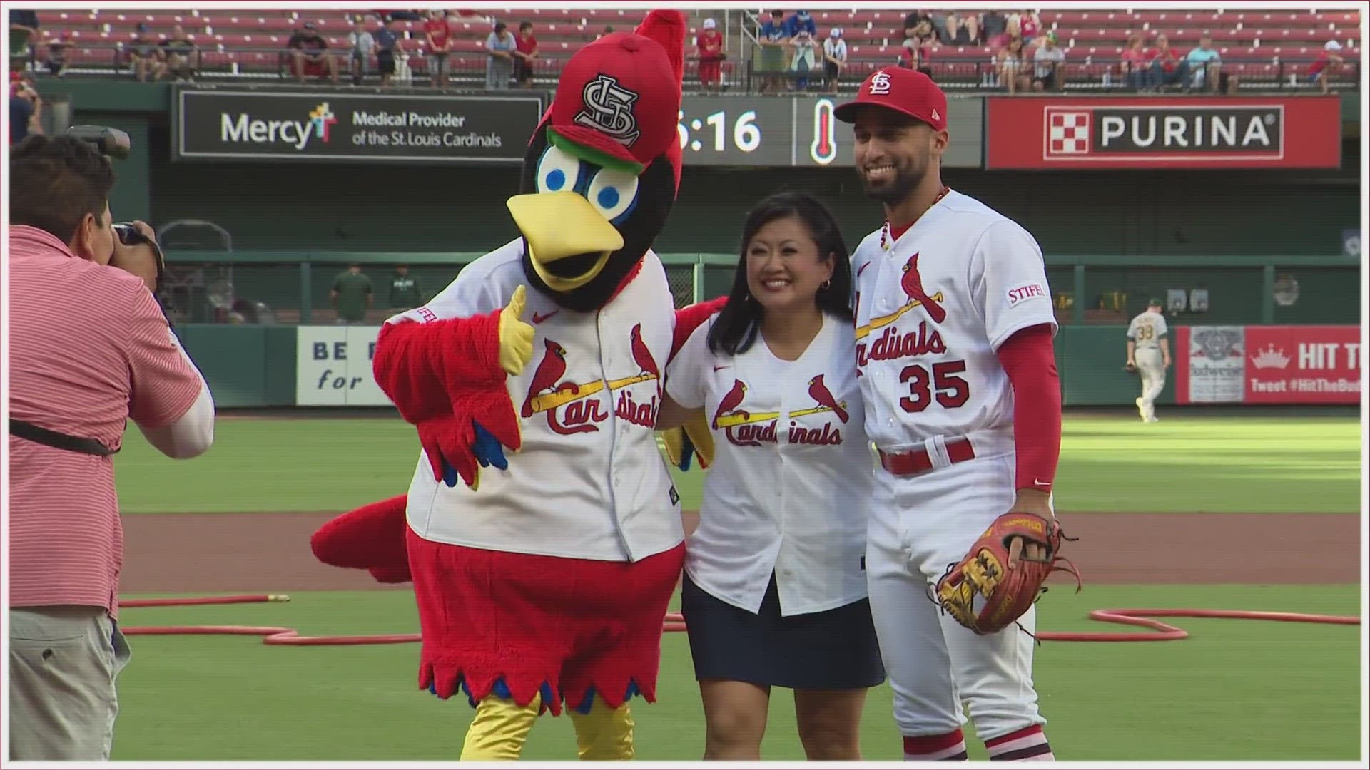 Today in St. Louis' Michelle Li threw out the first pitch Monday during AAPI Heritage Night at Busch Stadium. She was representing the Very Asian Foundation.