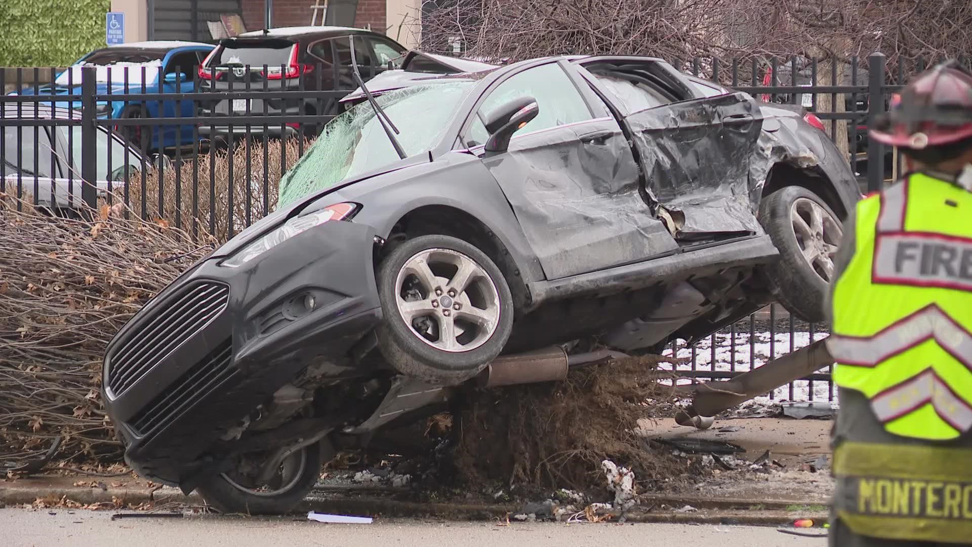 A car that was taken in a carjacking ran a red light and was struck by an SUV at North 20th Street and Delmar Boulevard at about 3 p.m. Wednesday.