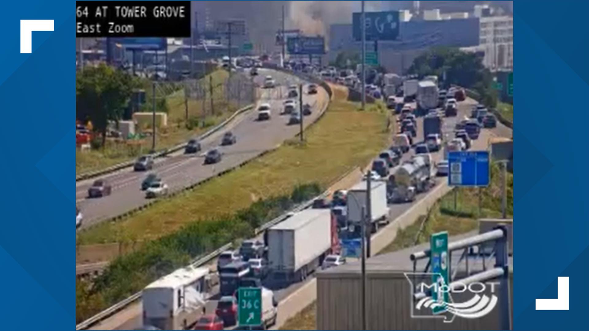 Car fire closes I-64 eastbound lanes near Grand Boulevard