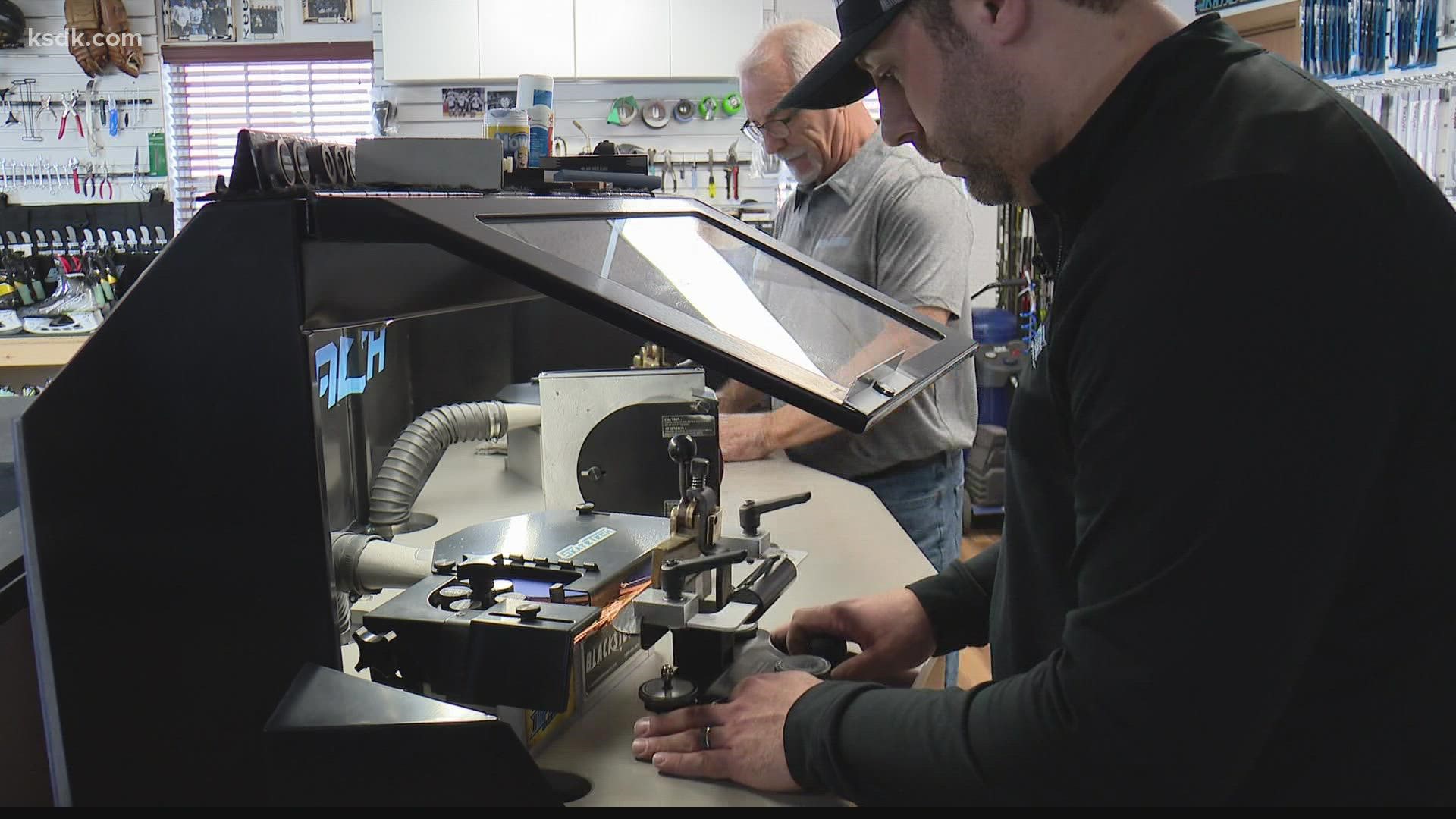 SkateTech's owner worked with the Blues for six seasons and now has his own business. He sharpens blades the old-fashioned way: by hand.