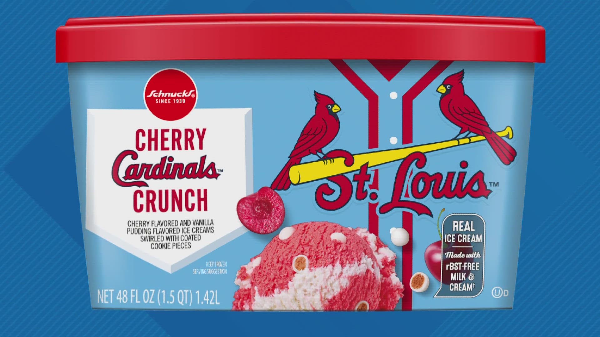 Cherry Cardinals Crunch is now available at most Schnucks stores across the midwest. The ice cream is cherry and vanilla-flavored, with cookie swirls.