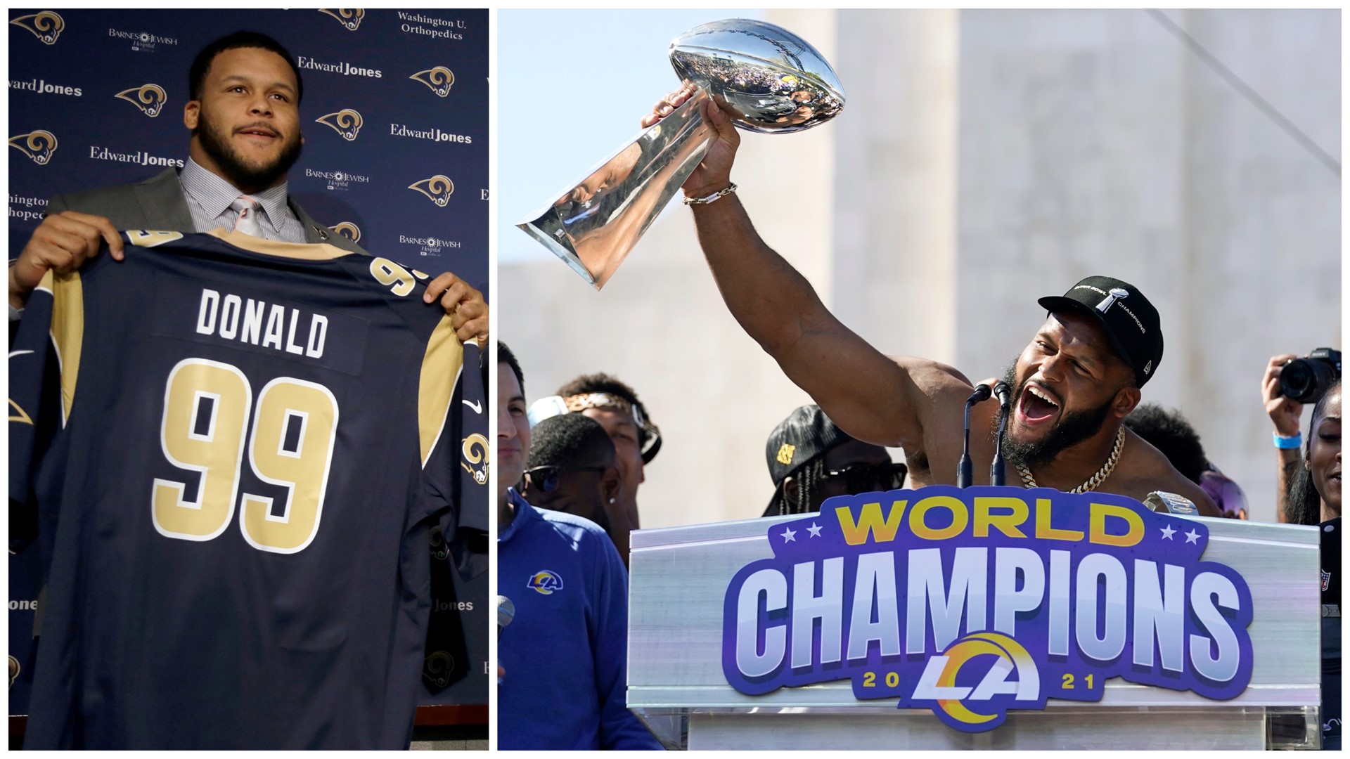 Aaron Donald was drafted by the St. Louis Rams in 2014. He won a Super Bowl with the team after the franchise moved to Los Angeles.