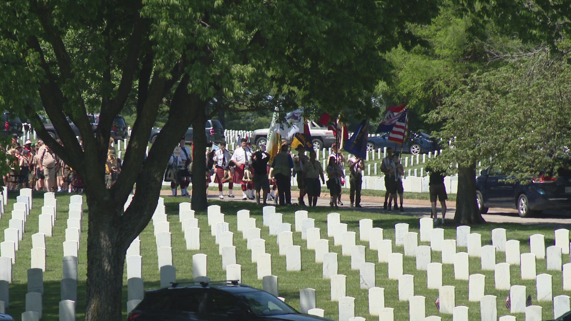 Hundreds of Scouts prepared the national cemetery for Memorial Day. The flags honor those who are buried in St. Louis County.