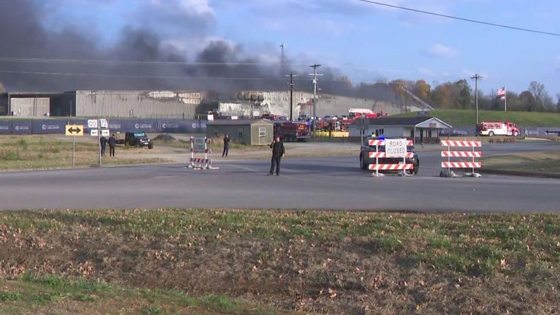 Evacuations are underway for portions of Fredericktown, Missouri, after a fire at a battery recycling facility. Video shows the fire at the facility.