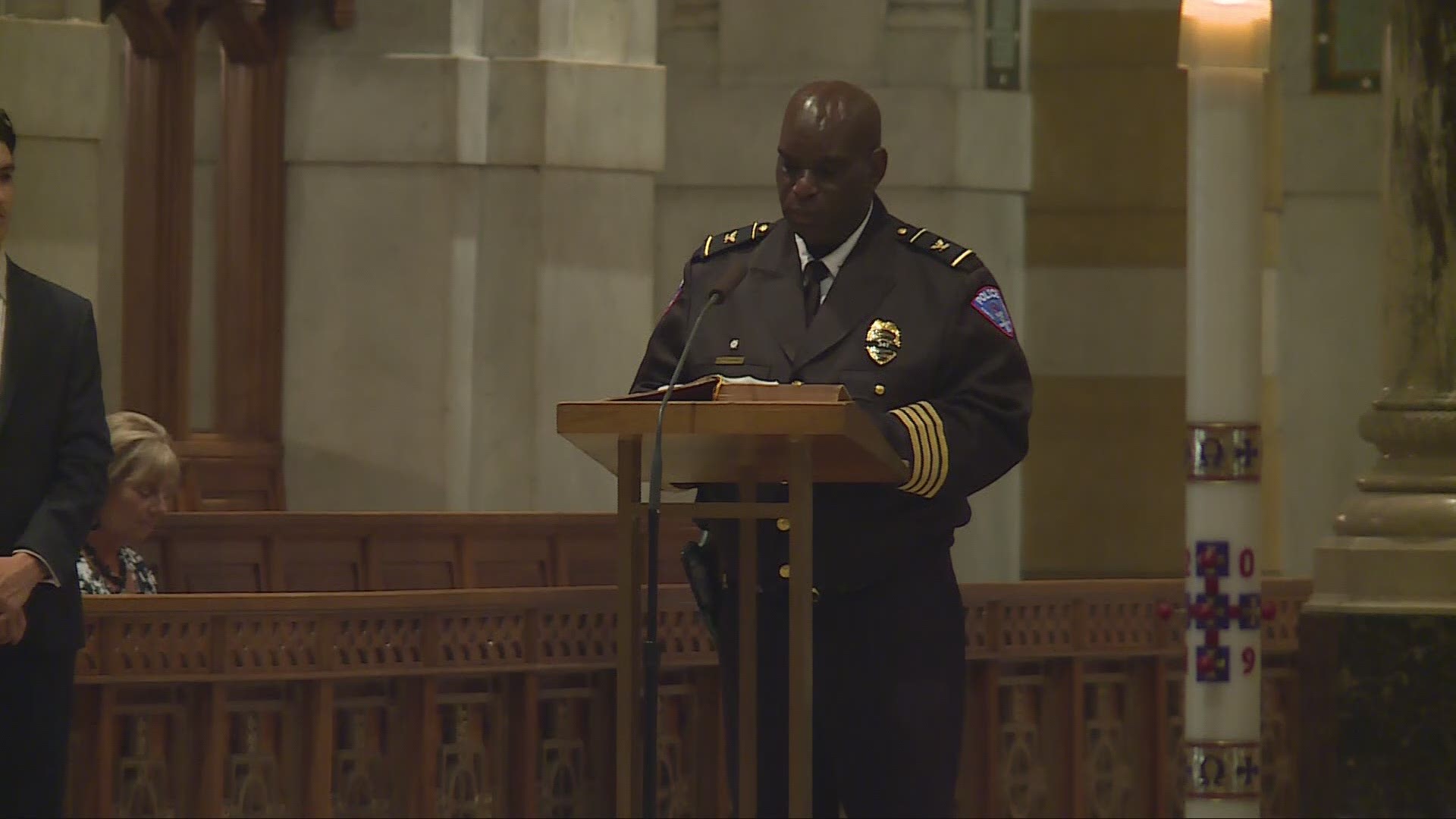 North County Police Cooperative Chief John Buchanan gave a eulogy at the funeral services for fallen officer Michael Langsdorf. He was killed in the line of duty while responding to a call for a bad check. Officer Langsdorf had been with the police department for about two months and had been a law enforcement officer for 17 years.