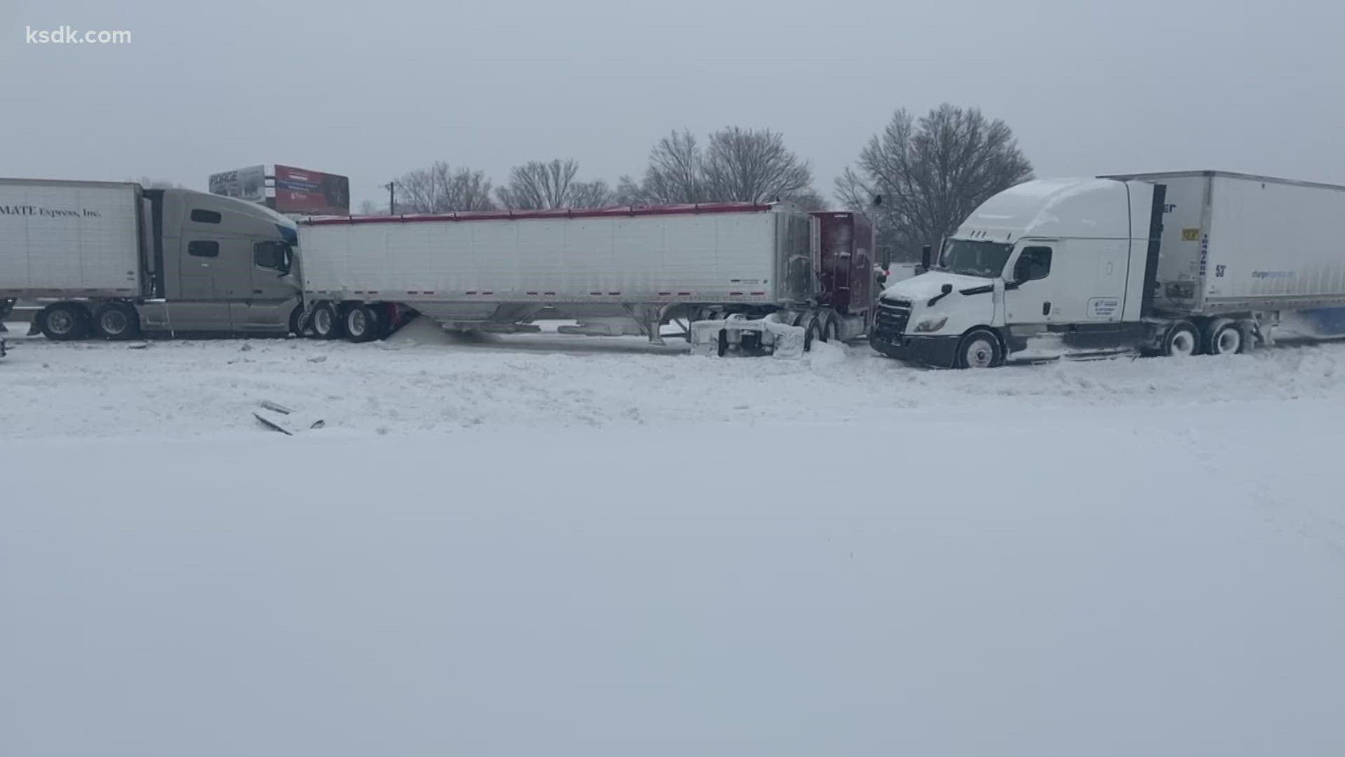 The westbound lanes of Interstate 70 in St. Louis County are shut down after a crash involving a jackknifed tractor-trailer.