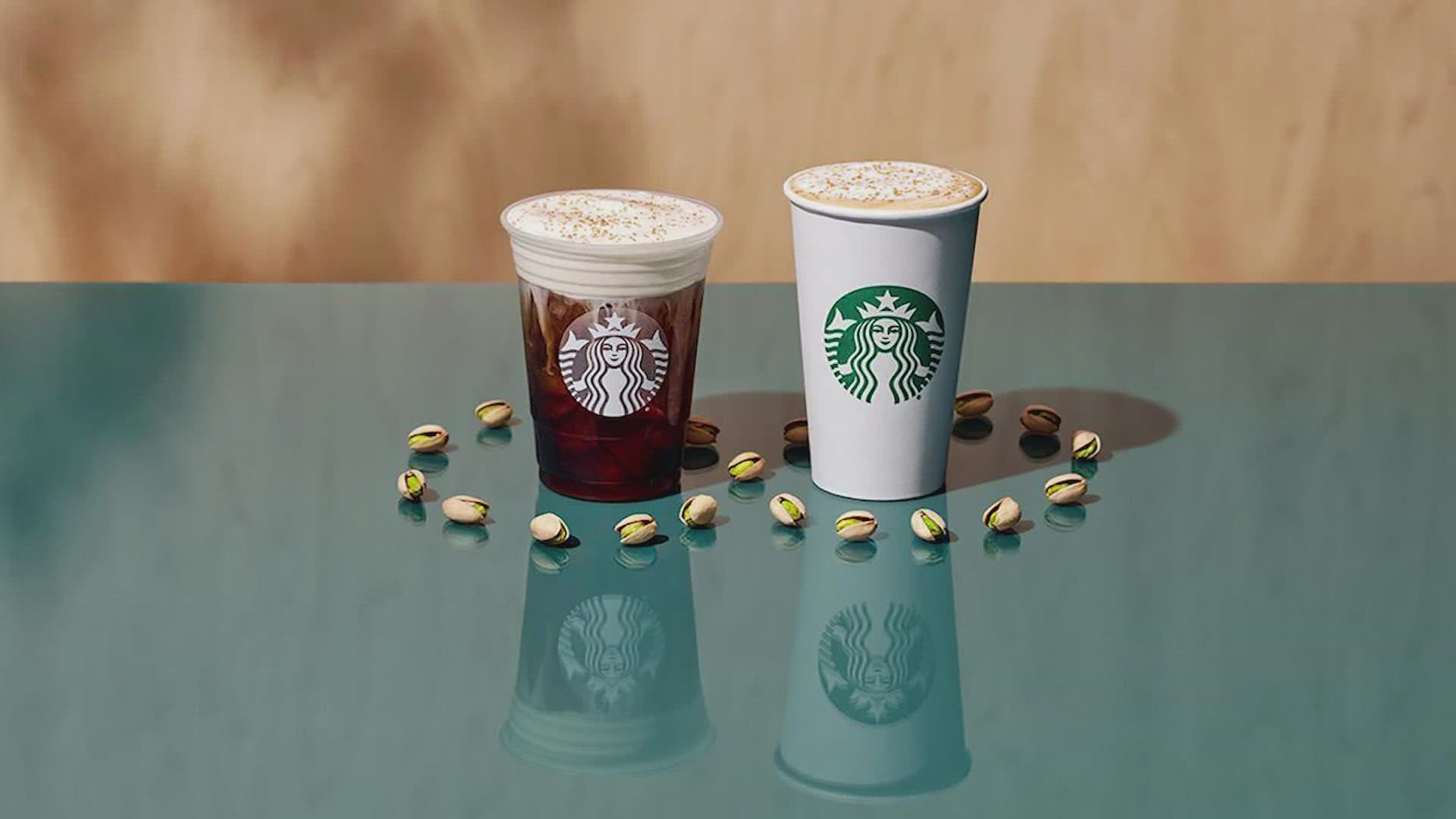 The new Starbucks offerings include a pistachio cream cold brew, pistachio latte and red velvet loaf.