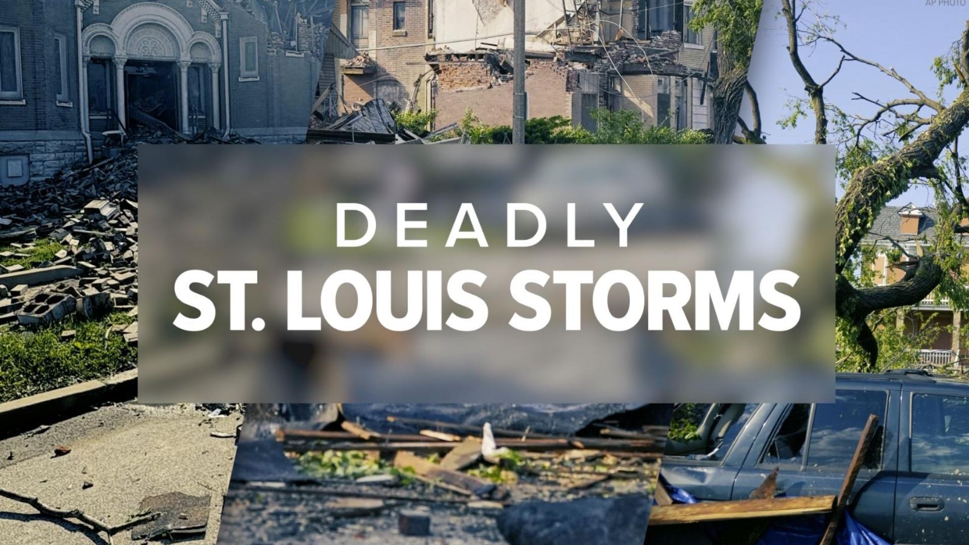 Severe storms rolled through St. Louis on Friday, leaving a path of destruction. Five people were killed and dozens were injured after an EF3 tornado.