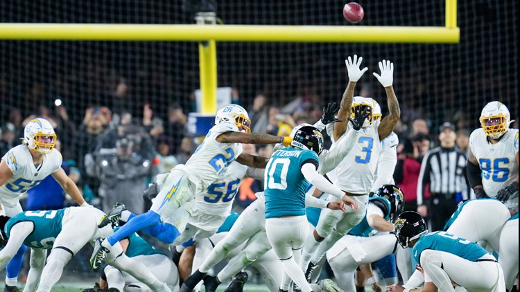 Jacksonville Jaguars place kicker Riley Patterson (10) kicks a field goal  in action during an NFL football game against the Tennessee Titans,  Saturday, Jan. 7, 2023, in Jacksonville, Fla. The Jaguars defeated