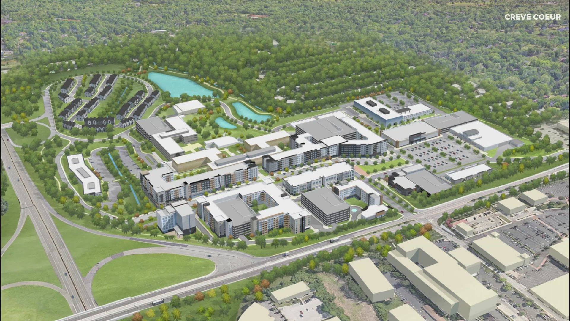 The project would turn the former Bayer campus on Olive Boulevard into a mixed use "village" with apartments, townhomes, restaurants and more.