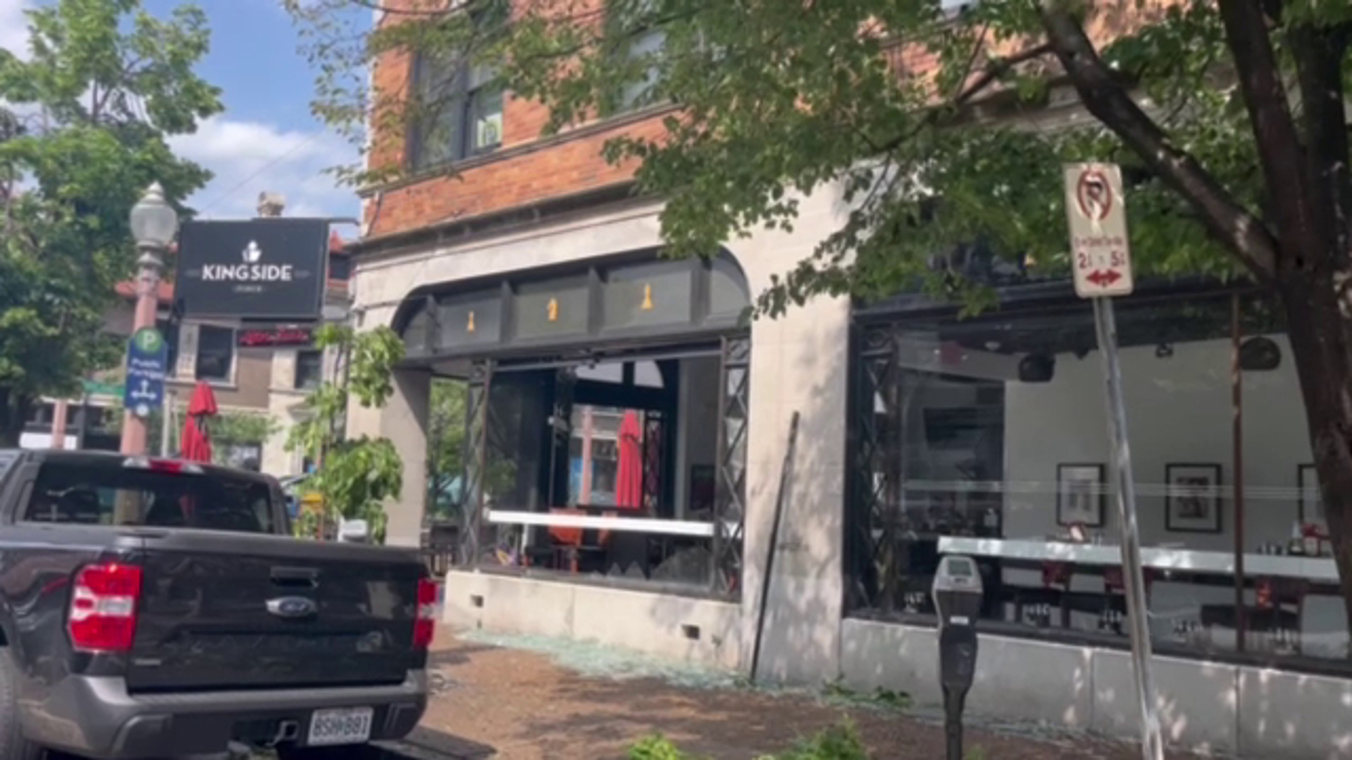 Kingside Diner Central West End - windows blown out from extreme storms.