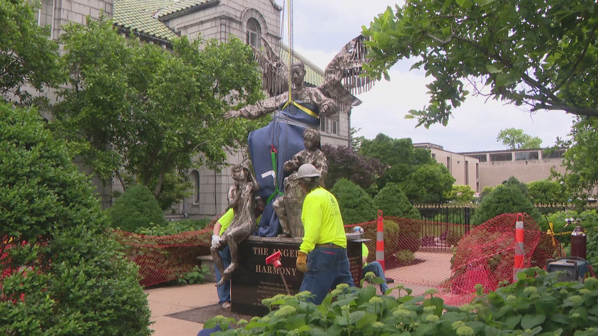 After months of restoration, right now the Cathedral Basilica's Angel of Harmony Statue is standing tall once again.