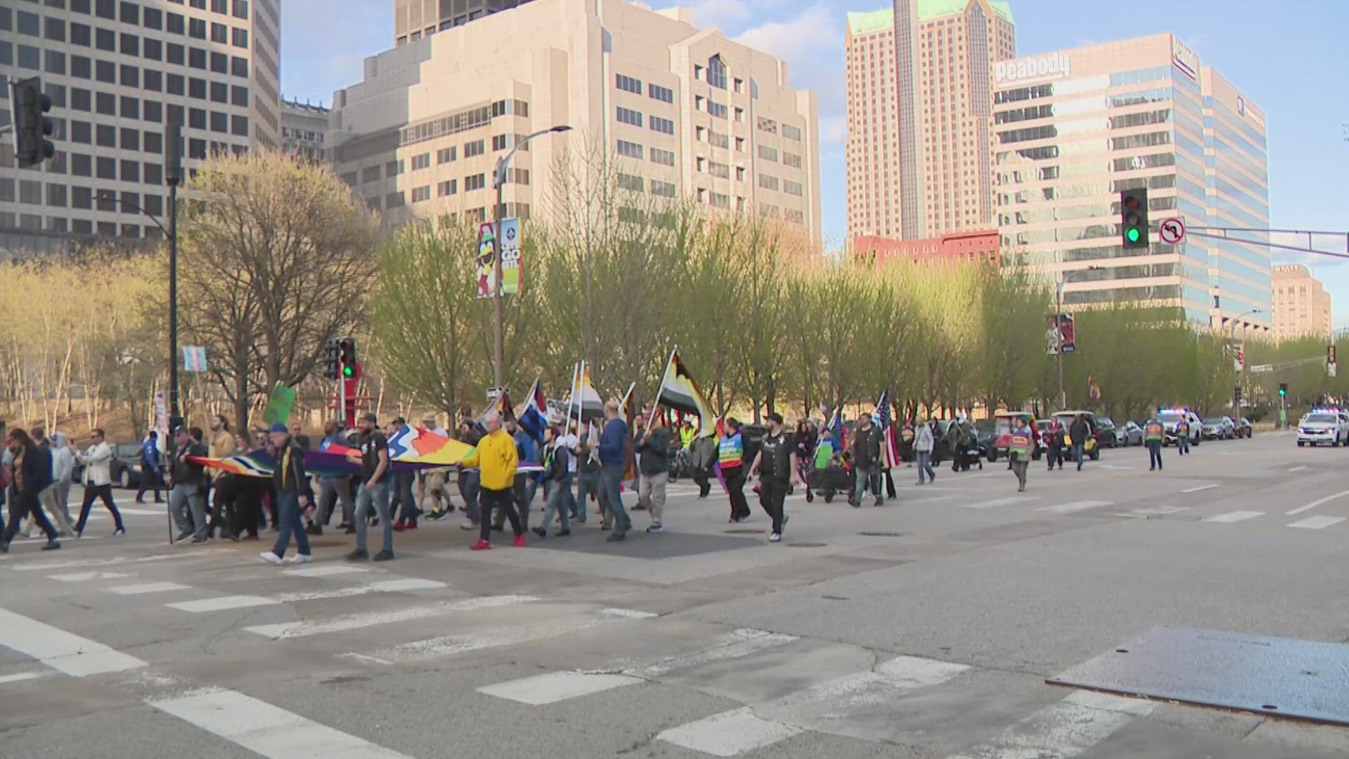 Dozens marched the streets of downtown St. Louis in honor of International Transgender Day of Visibility.