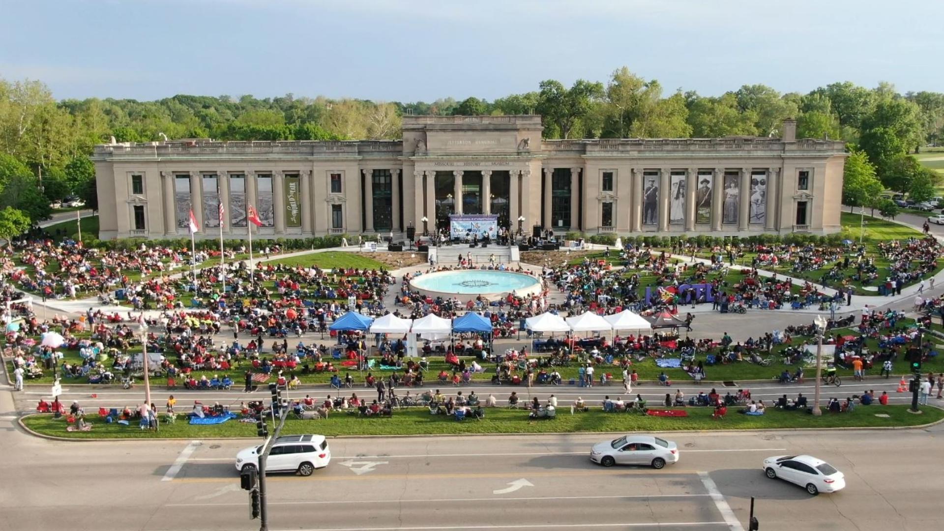 Twilight Thursdays Concert Series returns to the Missouri History Museum. Drone footage is from May 2, 2024.