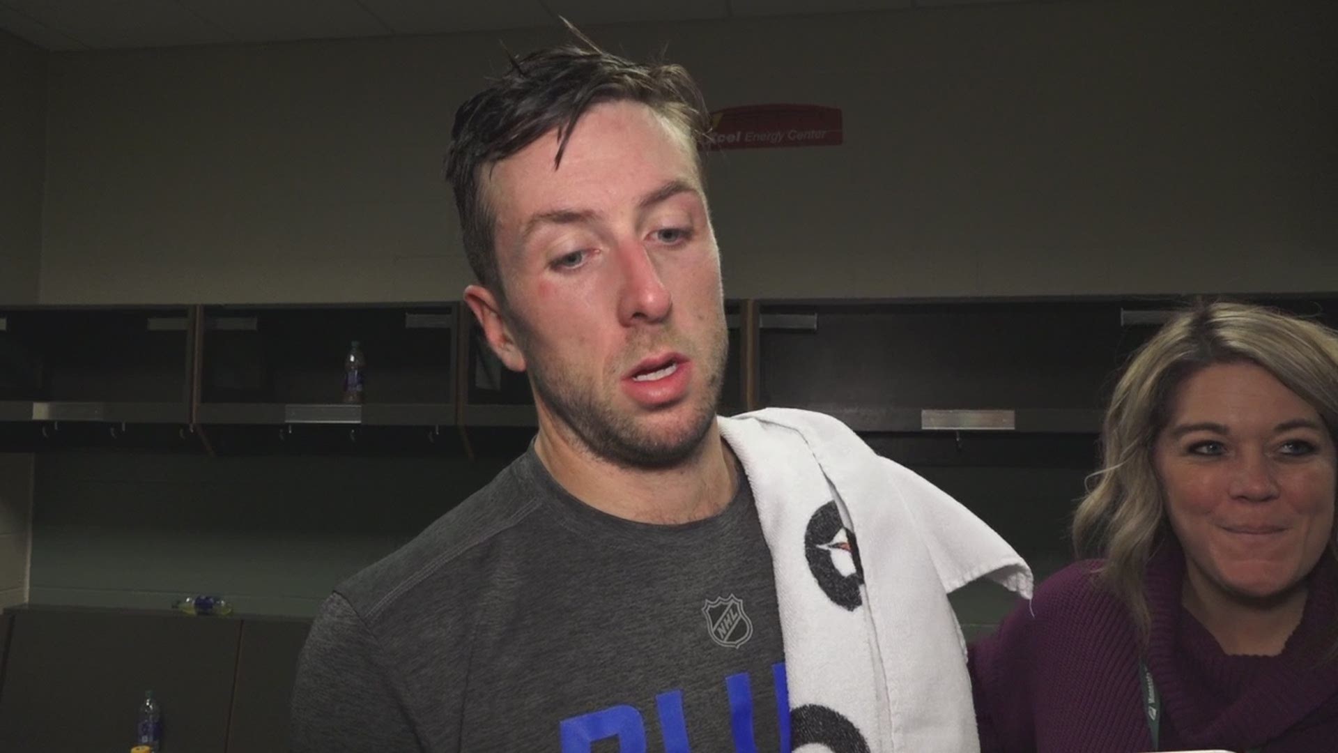 Jake Allen talks after making 20 saves in Blues OT win against