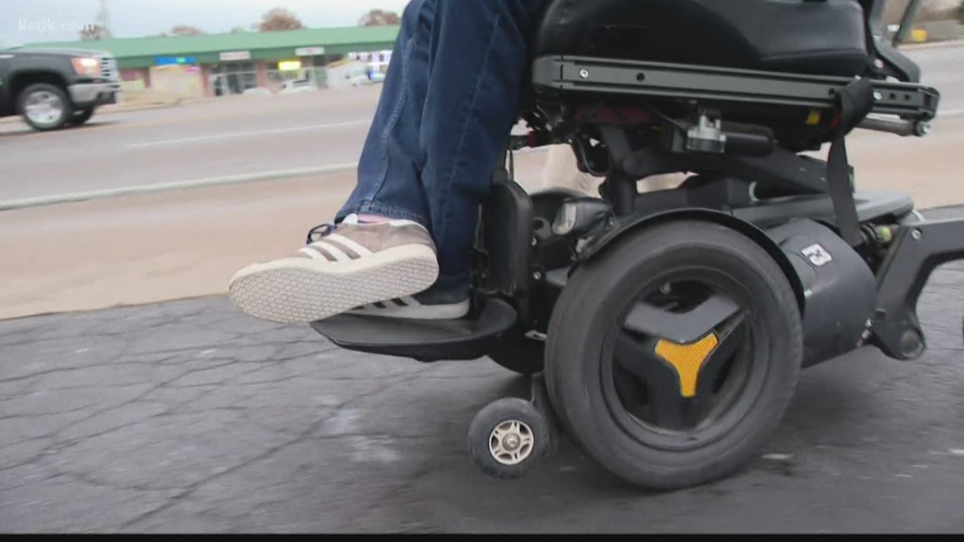 Along a stretch of Lemay Ferry Road, most individuals who rely on a wheelchair must then travel out into traffic to get where they need to go.