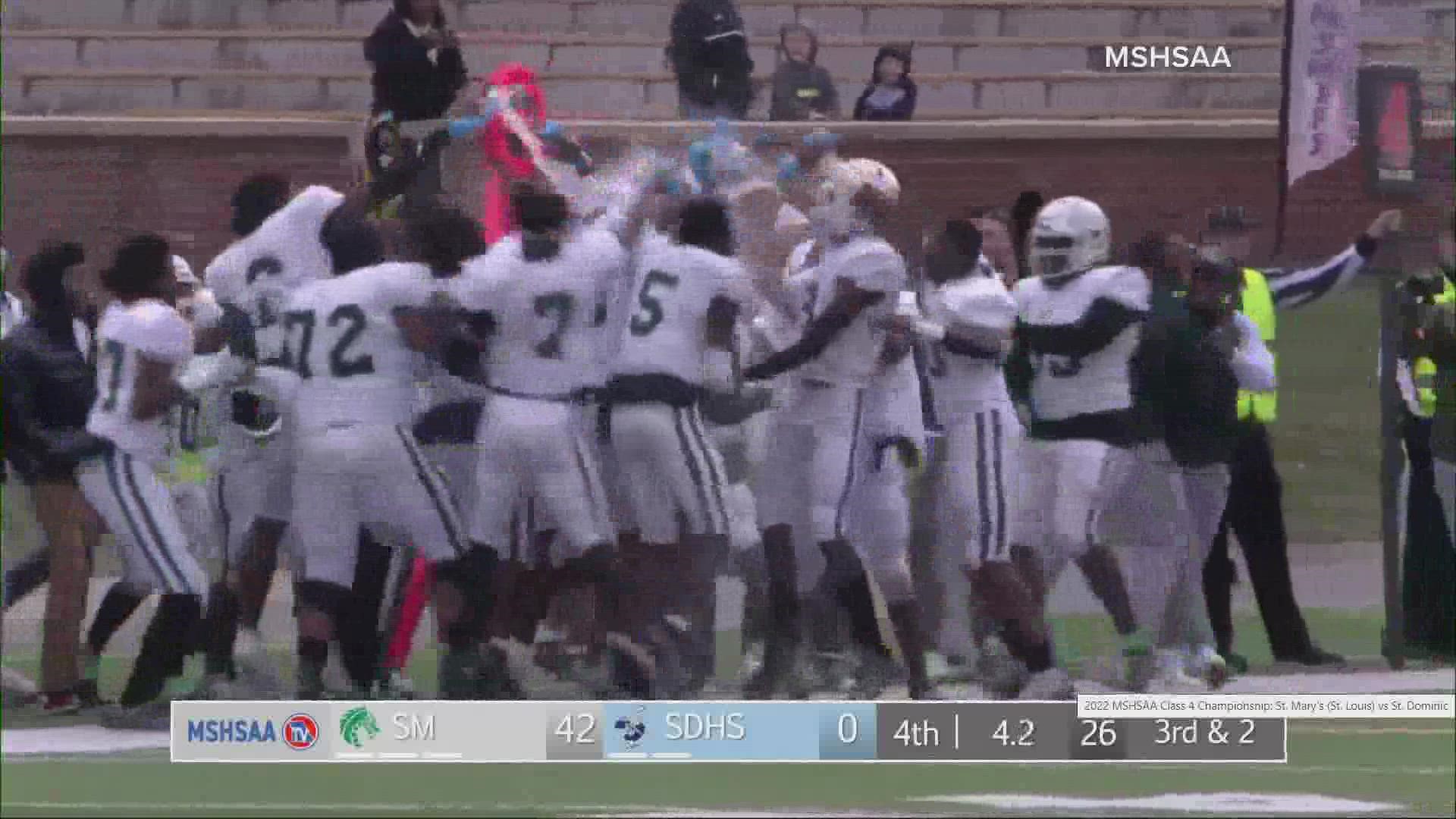 They claimed the Class 4 title by beating St. Dominic 42-0 at Faust Field on The University of Missouri's campus Friday. They won back-to-back titles.