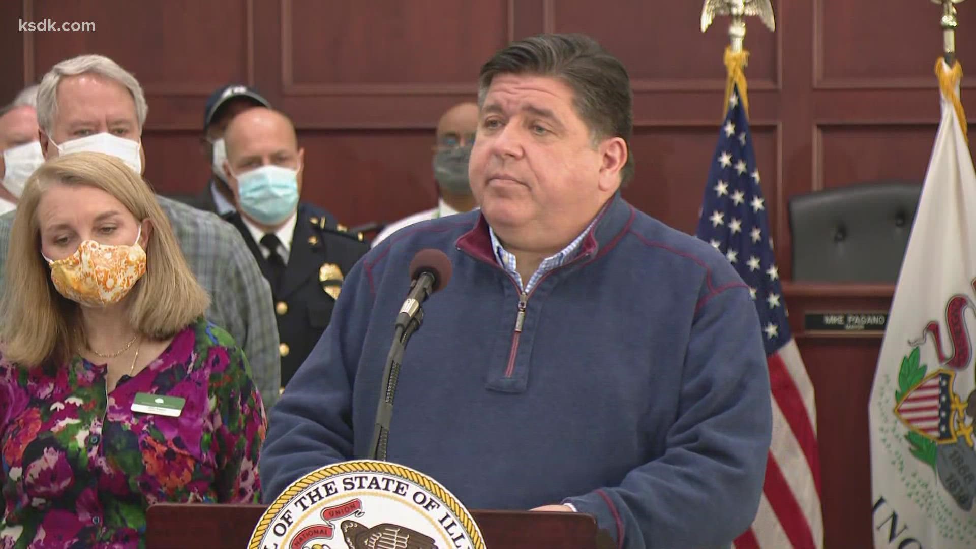 Illinois Gov. JB Prizker, Edwardsville officials and Amazon spokespeople gave an update after a deadly tornado caused part of a warehouse to collapse Friday night.